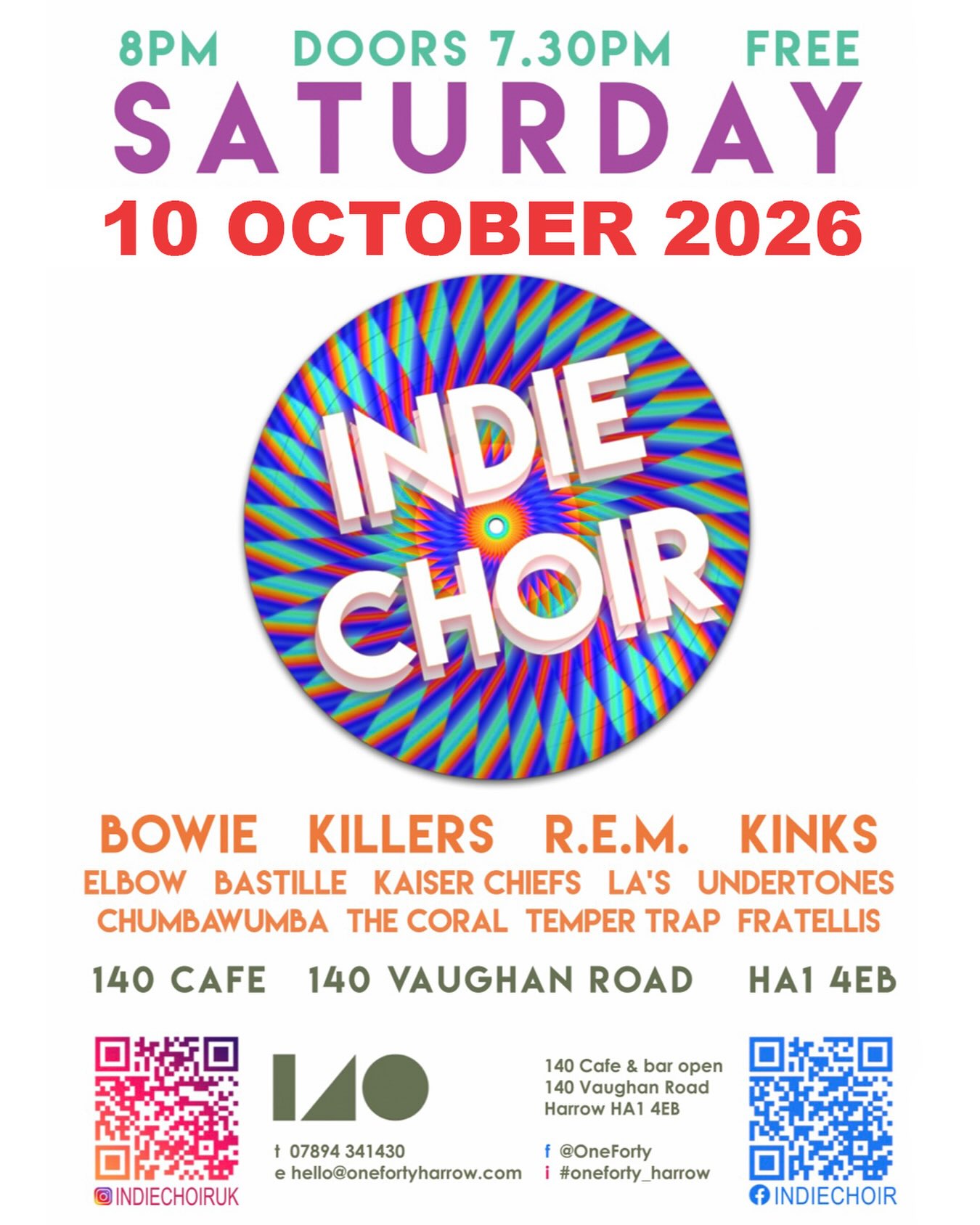 Delighted to have the Indie Choir back with their feel good gig this Saturday- 10th October. Get there early to get the best seats!
A night that’s always guaranteed to lift your spirits! 🎶❤️☀️
🎟️ free
🍷☕️ cafe/bar open
📆 Saturday 10th October
⏱️7:30pm-10pm / choir - 8pm
📍oneforty - 140 Vaughan Road, HA1 4EB
#westharrow #indiechoir