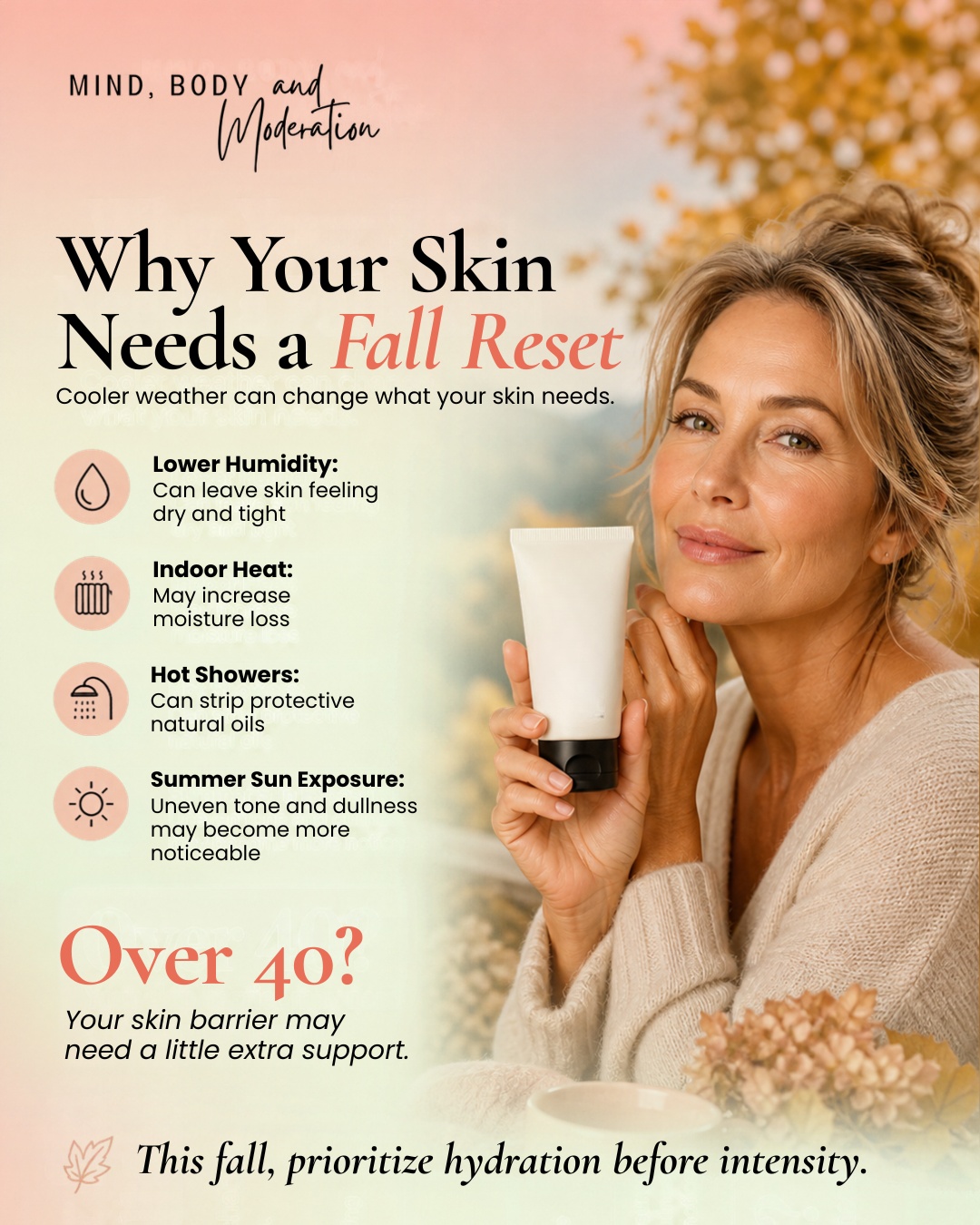 If your skin suddenly feels tighter, drier, rougher, or more sensitive when fall arrives, your skincare routine may need a seasonal reset. 🍂
Lower humidity and indoor heating can increase moisture loss, while long, hot showers can strip away some of the natural oils that help protect your skin barrier. You may also start noticing dullness, uneven tone, or sun spots that became more apparent after summer.
For women over 40, these changes can feel even more noticeable as skin naturally tends to become drier with age and hormonal changes may affect hydration, sensitivity, and texture.
Before reaching for stronger treatments, start with the basics: support your skin barrier, replenish moisture, continue wearing sunscreen, and introduce active ingredients thoughtfully.
Your fall skincare mantra: barrier support before intensity.
Read the full article to learn how to reset your skincare routine for the season:
https://www.mindbodymoderation.com/post/the-fall-skin-reset
#FallSkincare #SkincareOver40 #WomenOver40 #MatureSkin #SkinBarrier #DrySkinTips