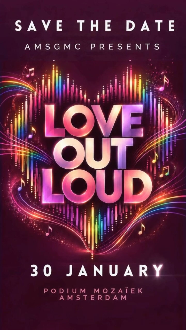 AMSGMC is bringing you LOVE OUT LOUD ✨
A celebration of love, pride, music and being unapologetically yourself.
📅 30 January
📍 Podium Mozaïek Amsterdam
Save the date. More coming soon. 💜