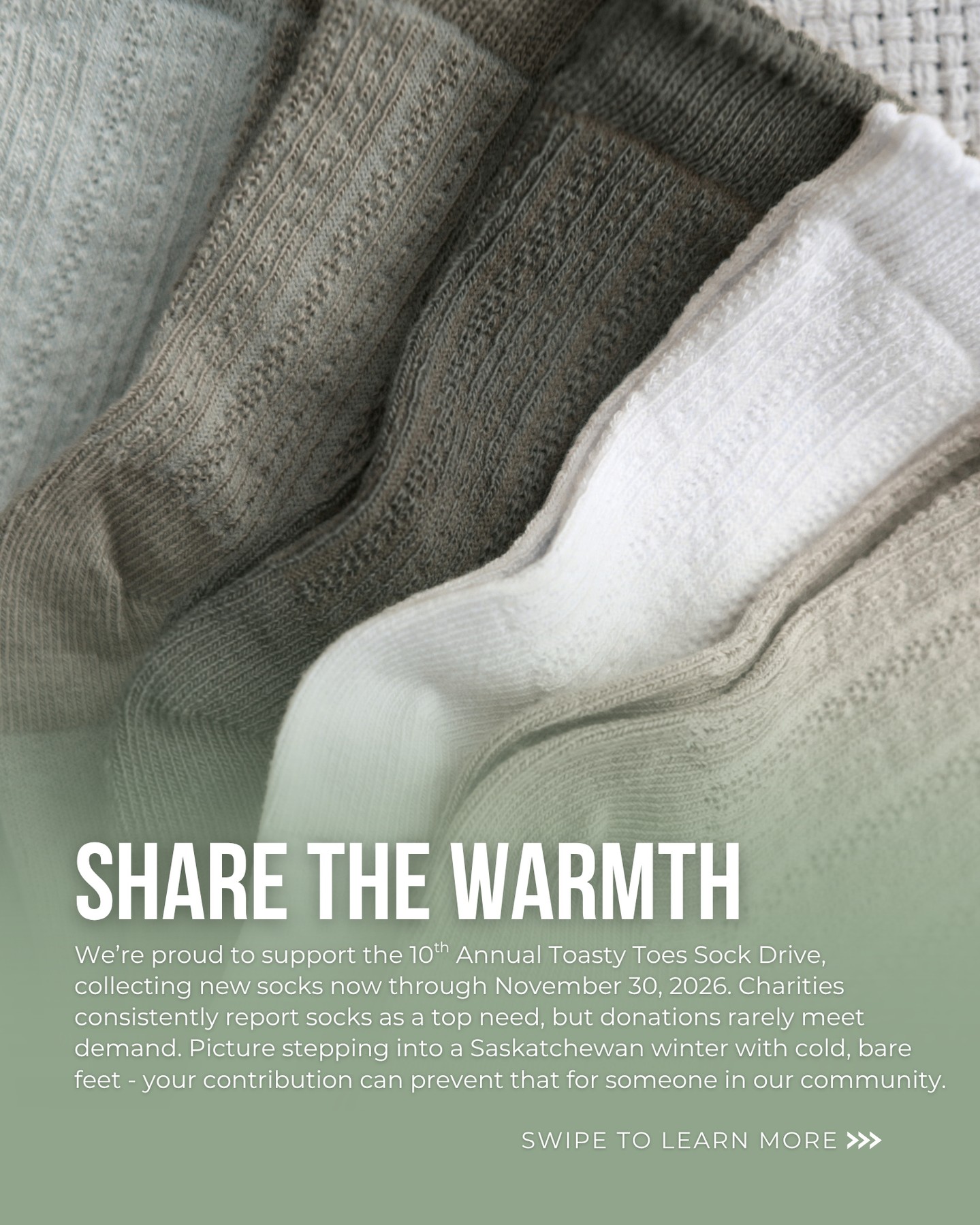 🧦✨ Join us in spreading warmth this season! ✨🧦
The 10th Annual Toasty Toes Drive is officially on, and we need YOUR help to make a difference. 🤩
From now until November 30, we’re collecting new pairs of socks for those in need. Every sock counts, so let’s come together and keep our community cozy!
Ready to make an impact? Drop off your donations at our location (or other participating chiropractic clinics across Saskatchewan) or send us a message for more details. Let's warm hearts and toes together! ❄️💙🧦
#toastytoesdrive