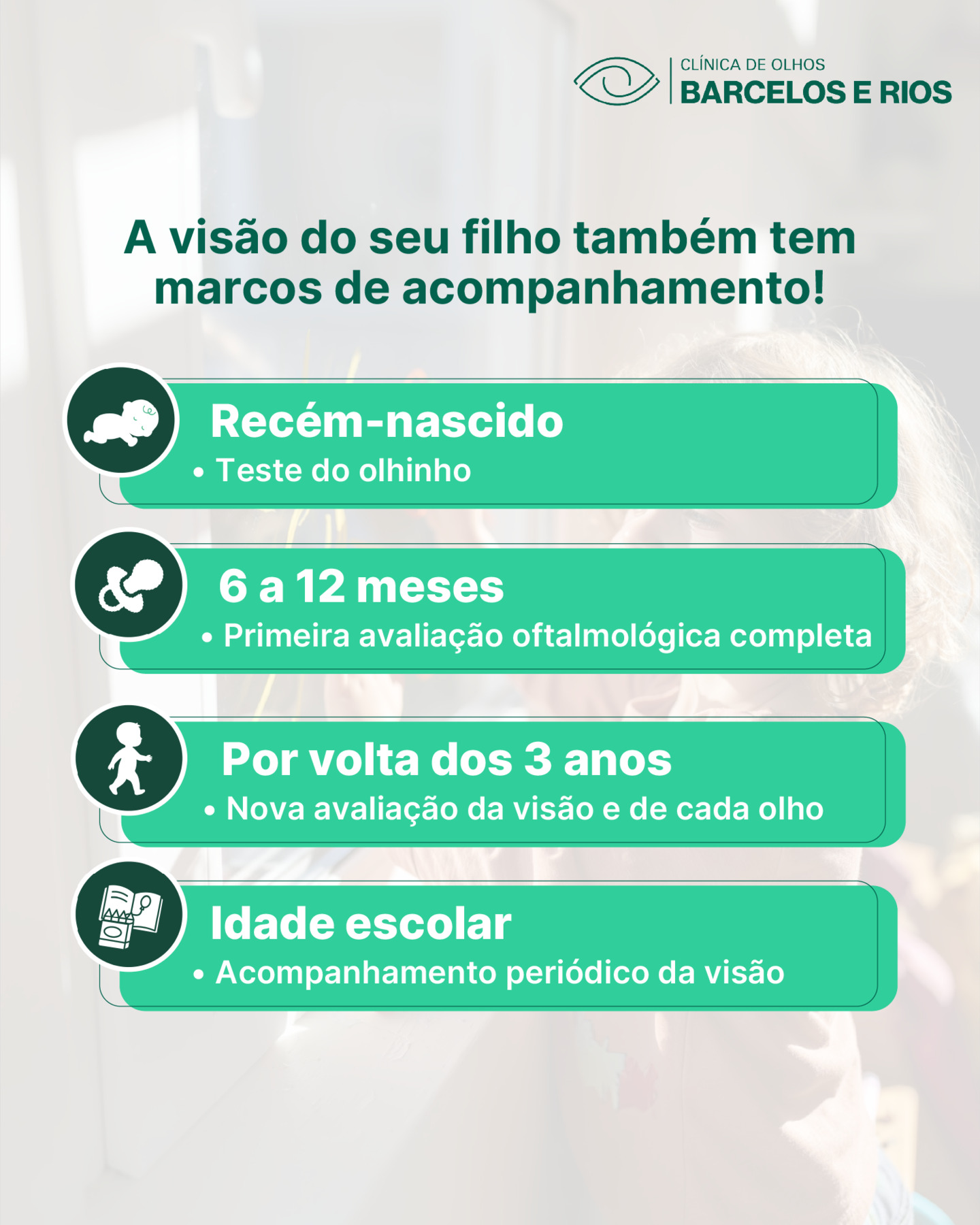 A saúde visual da criança começa a ser acompanhada muito antes de ela aprender a ler ou conseguir dizer que não está enxergando bem.
Ainda na maternidade, o Teste do Olhinho ajuda a identificar alterações importantes.
Depois, entre 6 e 12 meses, uma avaliação oftalmológica completa já pode observar estruturas dos olhos, alinhamento, desenvolvimento visual e possíveis alterações de grau.
Por volta dos 3 anos, essa avaliação ganha ainda mais importância, porque já é possível analisar melhor cada olho separadamente e identificar diferenças que podem passar despercebidas no dia a dia, como estrabismo, erros refrativos e fatores relacionados à ambliopia.
Na idade escolar, o acompanhamento continua importante, já que a visão participa diretamente de atividades como leitura, escrita, atenção e aprendizado.
⚠️ E esses marcos não significam que é preciso esperar determinada idade para procurar o oftalmologista. Se surgirem sinais como desvio dos olhos, reflexo branco na pupila, aproximação excessiva para enxergar, dificuldade visual ou alguma mudança persistente no comportamento da criança, a avaliação deve ser antecipada.
Como anda a sua visão? Conheça os nossos serviços e agende a sua consulta!
#clinicadeolhos #oftalmologista #saudeocular #visao #catarata #posoperatorio #cirurgia #visaomonocular #viamao #novohamburgo