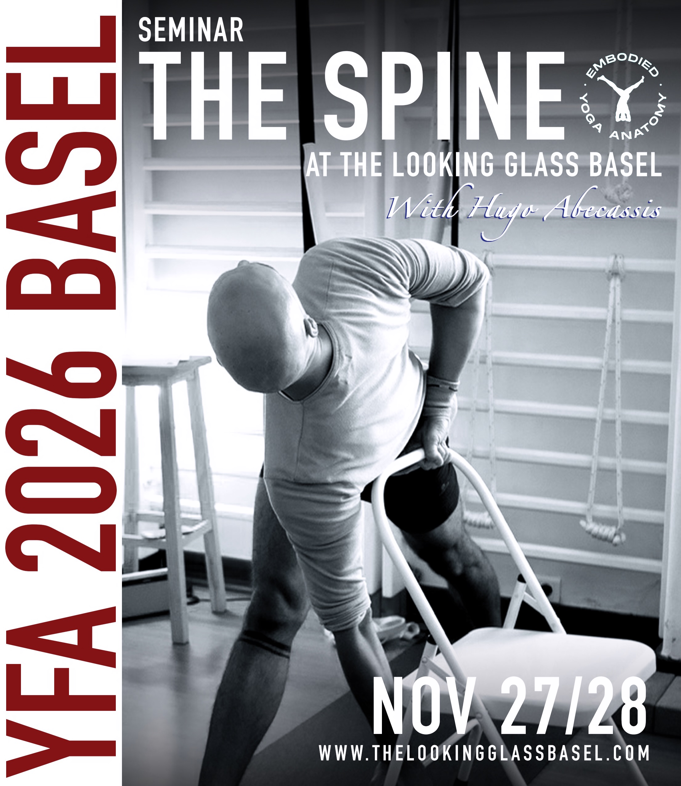 EYA Workshop
VERTEBRAL SPINE I
With Hugo Abecassis
November 27/28
At the Looking Glass Basel
Switzerland
ONLINE & IN PERSON
The seminar VERTEBRAL SPINE explores the anatomy, biomechanics, and functional movement of the vertebral column, with particular emphasis on how these principles can be intelligently applied to the practice of Iyengar Yoga.
The spine is not an isolated structure. Its function is closely integrated with the pelvis, rib cage, respiratory system, shoulder girdle, and lower limbs. Understanding these relationships is essential for analysing movement patterns, identifying compensatory strategies, and applying appropriate modifications to asana practice.
PROGRAM:
• GRAVITY, WEIGHT BEARING & POSTURAL ORGANIZATION
• PRACTICE FOR SPINAL MOBILITY, STABILITY & INTEGRATION
• COMPENSATORY PATTERNS & MOVEMENT RESTRICTIONS
• POSTURAL PATTERNS & BIOMECHANICAL IMPLICATIONS
. STRENGTHENING, MOBILITY & TISSUE TOLERANCE
• OBSERVATION & BODY READING
• NEUROMUSCULAR CONTROL & PROPRIOCEPTION
INFO:
awakentothepath@gmail.com | www.thelookingglassbasel.com | @thelookingglassbasel
#yogafunctionalanatomy #yogaanatomy #yogafascia #tensegrityhealth #yogabiomechanics