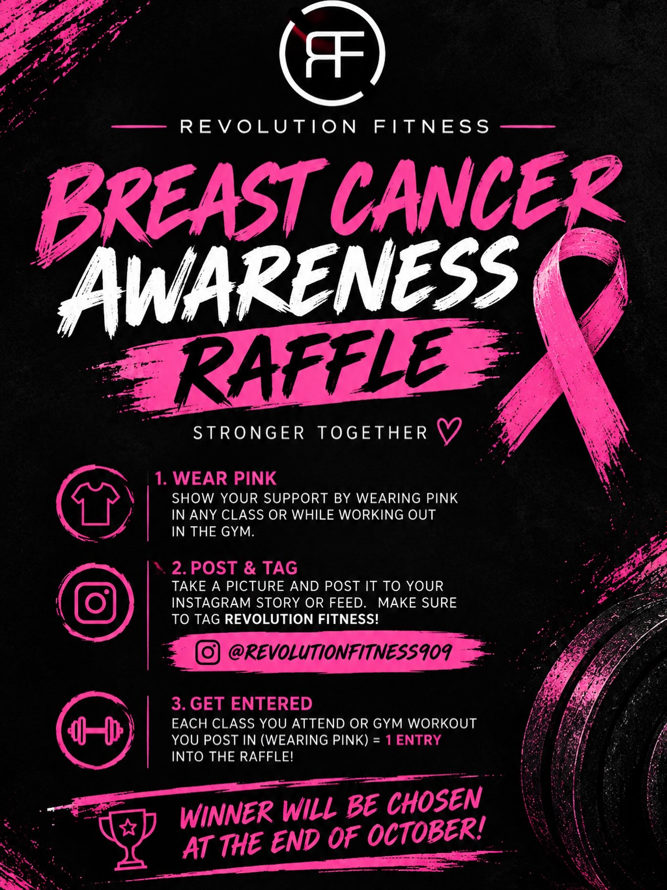 🎀💪 PINK ON. LET’S GO. 💪🎀
October is all about SHOWING UP, GETTING STRONG, and SUPPORTING A CAUSE THAT MATTERS. đź’—
We’re kicking off our BREAST CANCER AWARENESS RAFFLE at Revolution Fitness! 🎀
Here’s how to get entered 👇🏼
đź’— WEAR PINK to class or your workout
📸 POST + TAG @revolutionfitness909
🔥 EVERY workout you post while wearing pink = 1 raffle entry!
The more you show up, the more chances you have to WIN! 🏆🎀
Let’s fill the gym with PINK, ENERGY & SUPPORT all month long. Because when we sweat together, we stand together. 💪🏼💗
🎀 STRONGER TOGETHER. 🎀
#RevolutionFitness #BreastCancerAwareness #BreastCancerAwarenessMonth #WearPink