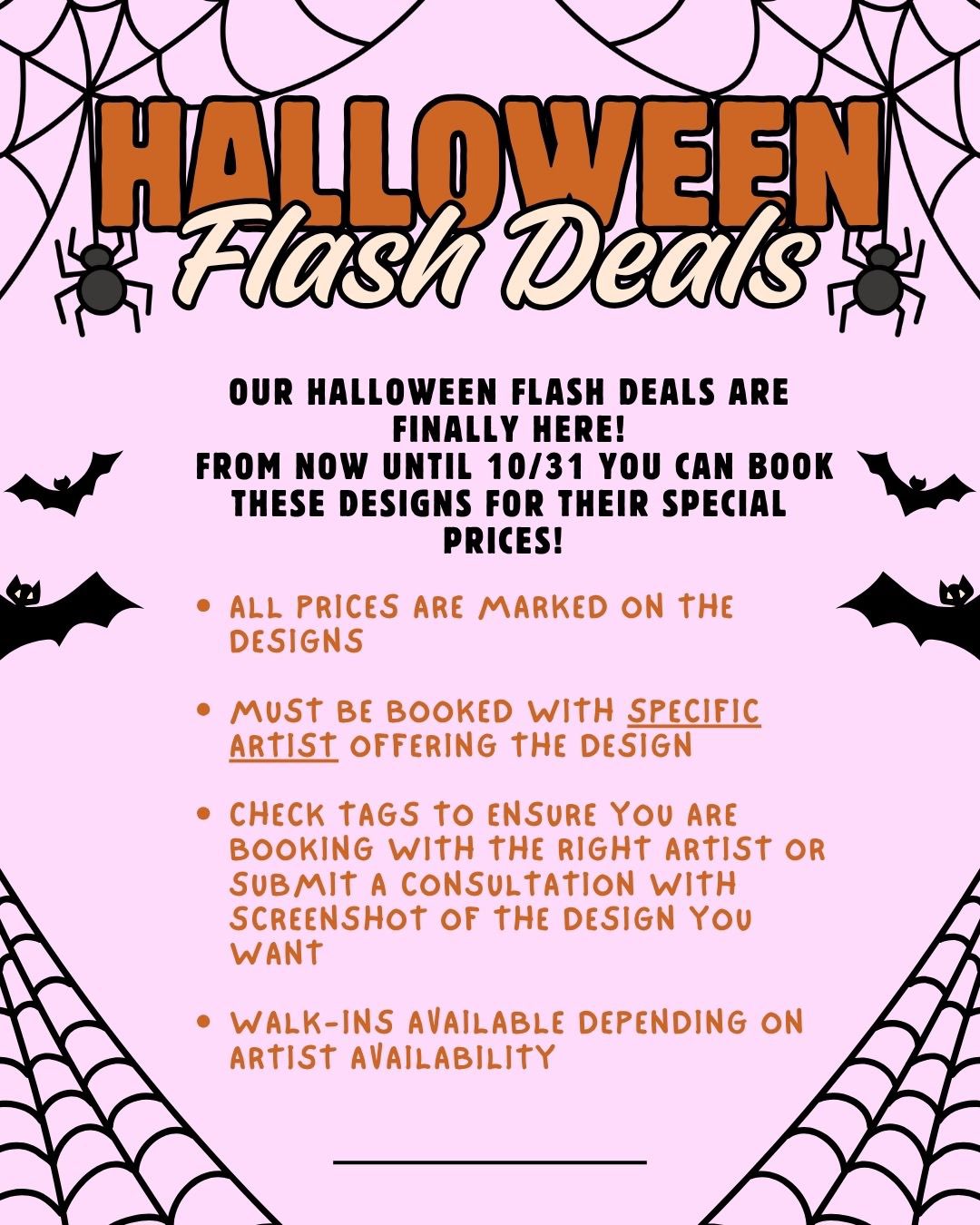 ๐๐ปSPOOKY SEASON FLASH SALE๐ป๐
Halloween flash deals are finally here! These specials are available until 10/31, so grab your favorites before theyโre gone!
๐ALL PRICES ARE MARKED
๐ALL ARTISTS ARE TAGGED AND YOU MUST BOOK WITH THE SPECIFIC ARTIST
๐WALK-INS AVAILABLE DEPENDING ON ARTIST AVAILABILITY
We canโt wait to see you all here! Costumes welcome and encouraged all month but ESPECIALLY on Halloweekend!๐๐ป