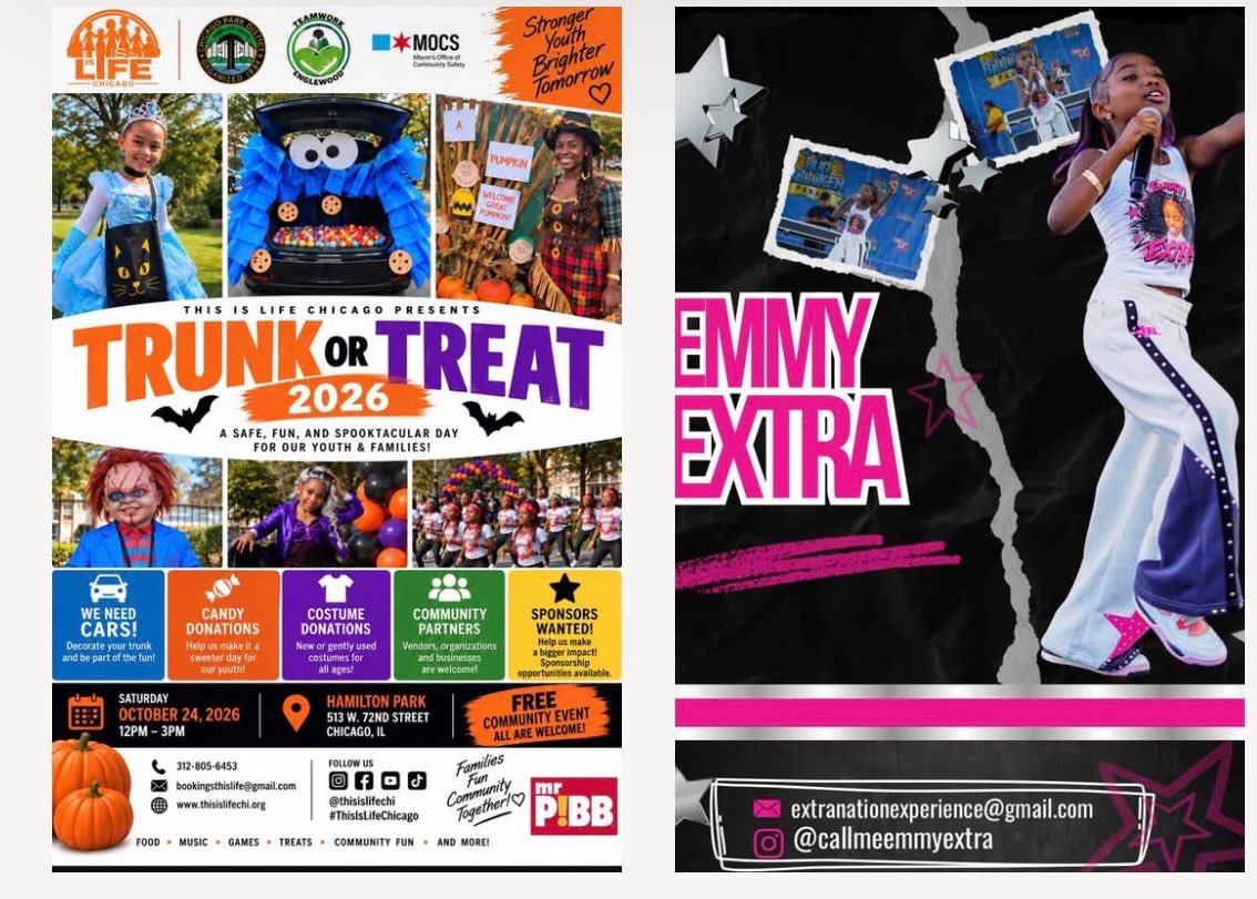@callmeemmyextra will be performing at @thisislifechi Trunk or Treat! Join us for music, candy, costumes, and community fun!