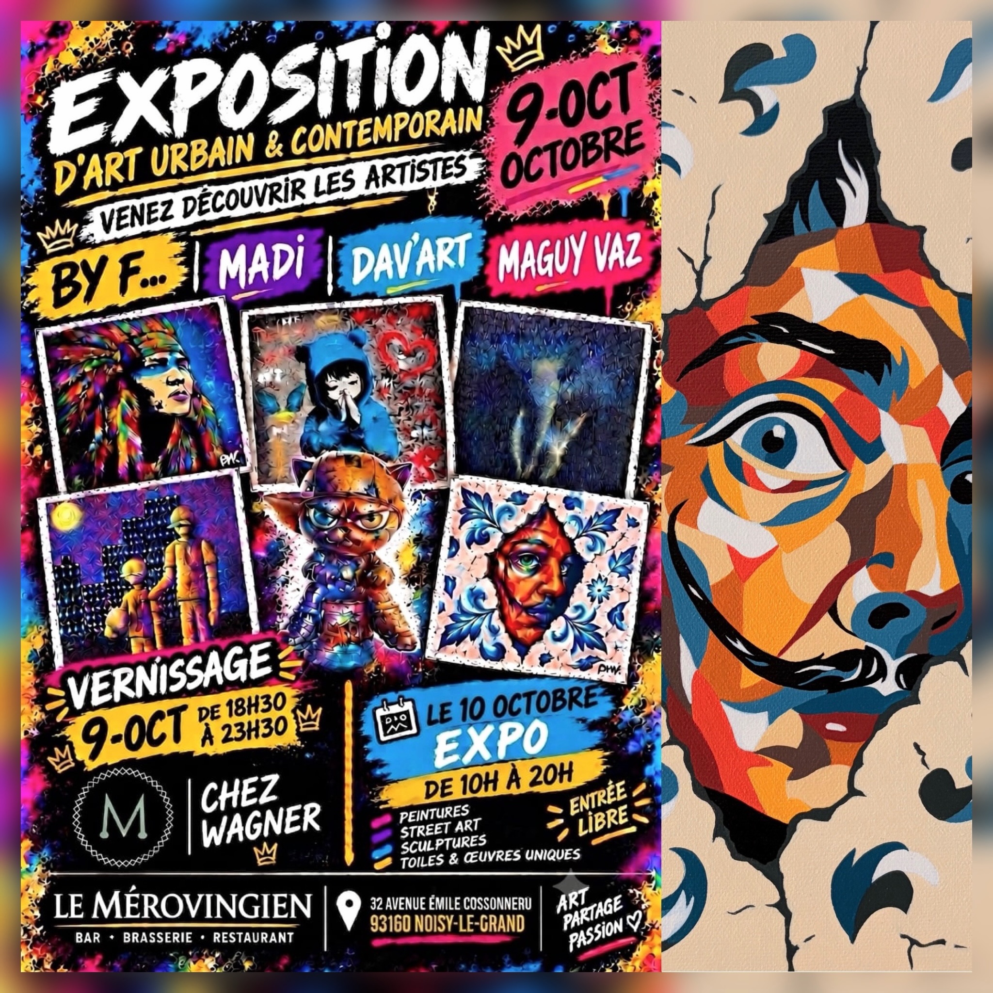 📣 𝗣𝗿𝗼𝗰𝗵𝗮𝗶𝗻𝗲 𝗲𝘅𝗽𝗼𝘀𝗶𝘁𝗶𝗼𝗻
🎨 Les Mérovingiens ~ Noisy-le-Grand
{9 et 10 octobre 2026}
~~~~~~~~~~~~~~~~~~~~~
🖼️ Expo de 5 artistes organisée par NSM Street Art avec :
@fabientorti
@davart62660
@madi_ytbrr
@streetatomeproduction
@50nuancesdemarguerite
👉 Vernissage le vendredi 9 octobre à @lesmerovingiens_ 📍 Venez nombreux !
•
•
•
#exposition #noisylegrand #lesmerovingiensnoisylegrand #50nuancesdemarguerite #maguyvaz