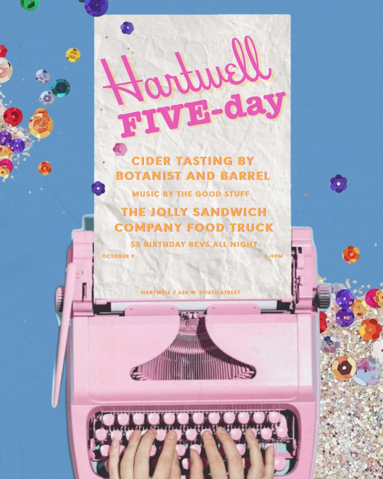 Hartwell Friday Hartwell is FIVE day!
Live music, food, @botanistandbarrel cider tasting! Open 5-9. See you there! 🎈
