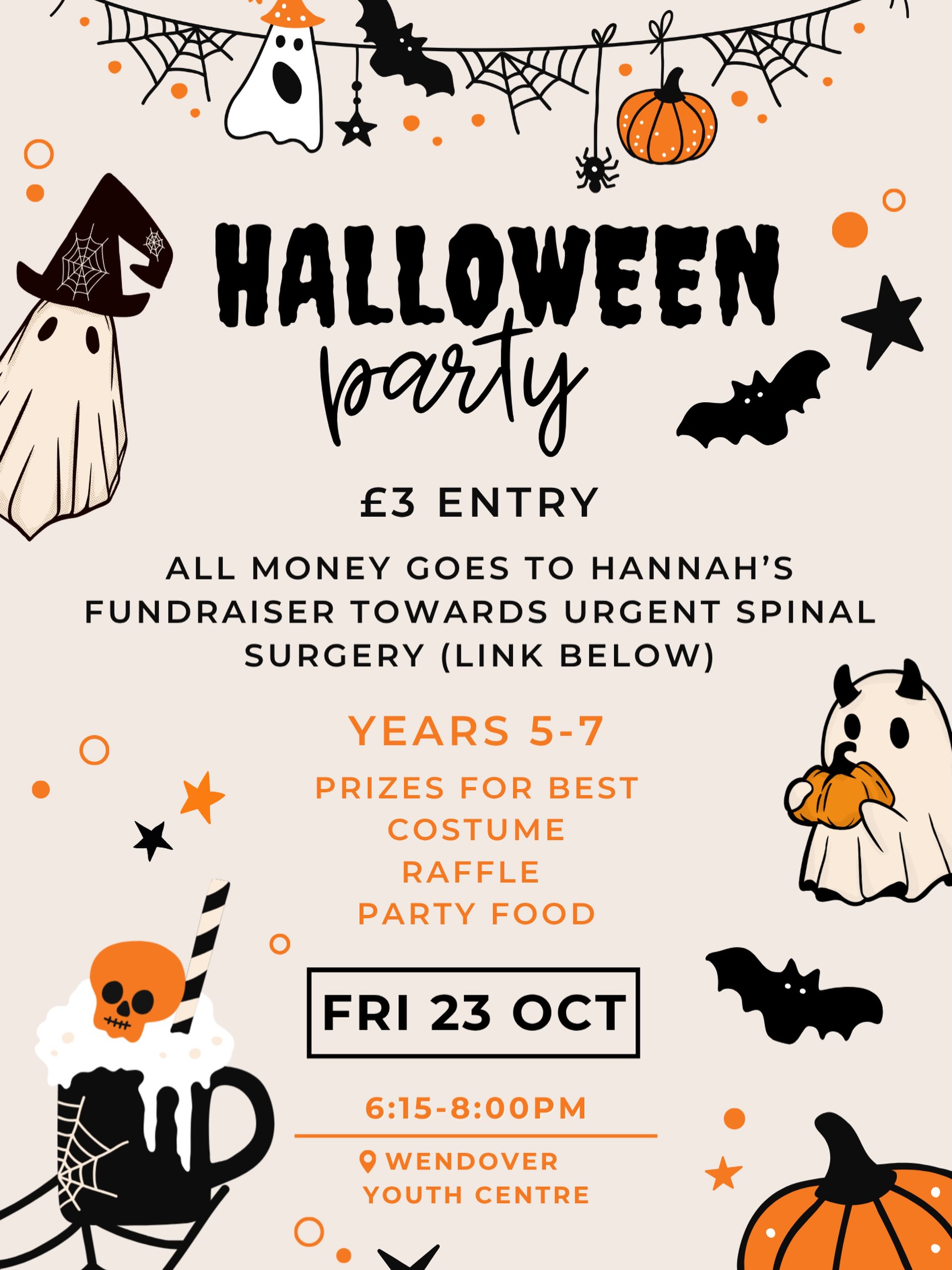 On the 23rd of October we will be having a Halloween party raising money for Hannah Jaggers urgent spinal surgery. All funds raised from this session will go to her cause.
23/10/2026 6:15pm-8:00pm
Year 5-Year 7
Halloween dress up encouraged 🎃
Link to Hannah’s fundraiser- https://www.crowdfunder.co.uk/p/qr/6ymdO2gn?utm_campaign=sharemodal&utm_medium=referral&utm_source=shortlink
We hope to see your child there 🧡🖤