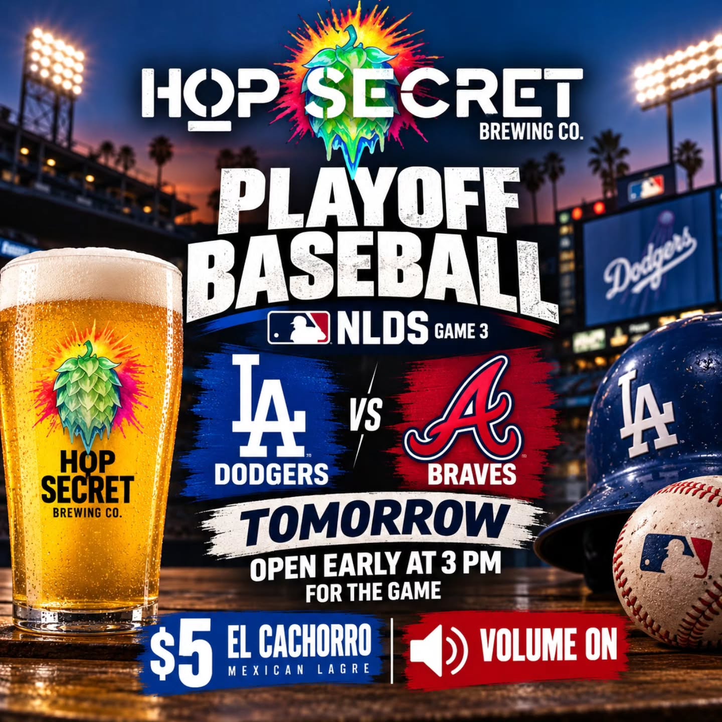 โพ๏ธ PLAYOFF BASEBALL AT HOP SECRET! ๐ป
The Dodgers take on the Braves tomorrow, and weโre OPENING EARLY AT 3 PM so you can catch the game with us!
๐ VOLUME ON
๐บ $5 El Cachorro Mexican Lager during the game
โพ Dodgers vs. Braves
๐ช Doors open at 3 PM
Grab a seat, grab a $5 El Cachorro, and come cheer on the boys in blue! ๐โพ๏ธ๐บ
๐ Hop Secret Brewing Co.
162 W Pomona Ave โข Monrovia
#HopSecretBrewing #Dodgers #DodgersBaseball #LetsGoDodgers #MLBPlayoffs PlayoffBaseball MonroviaCA ElCachorro CraftBeer DrinkLocal