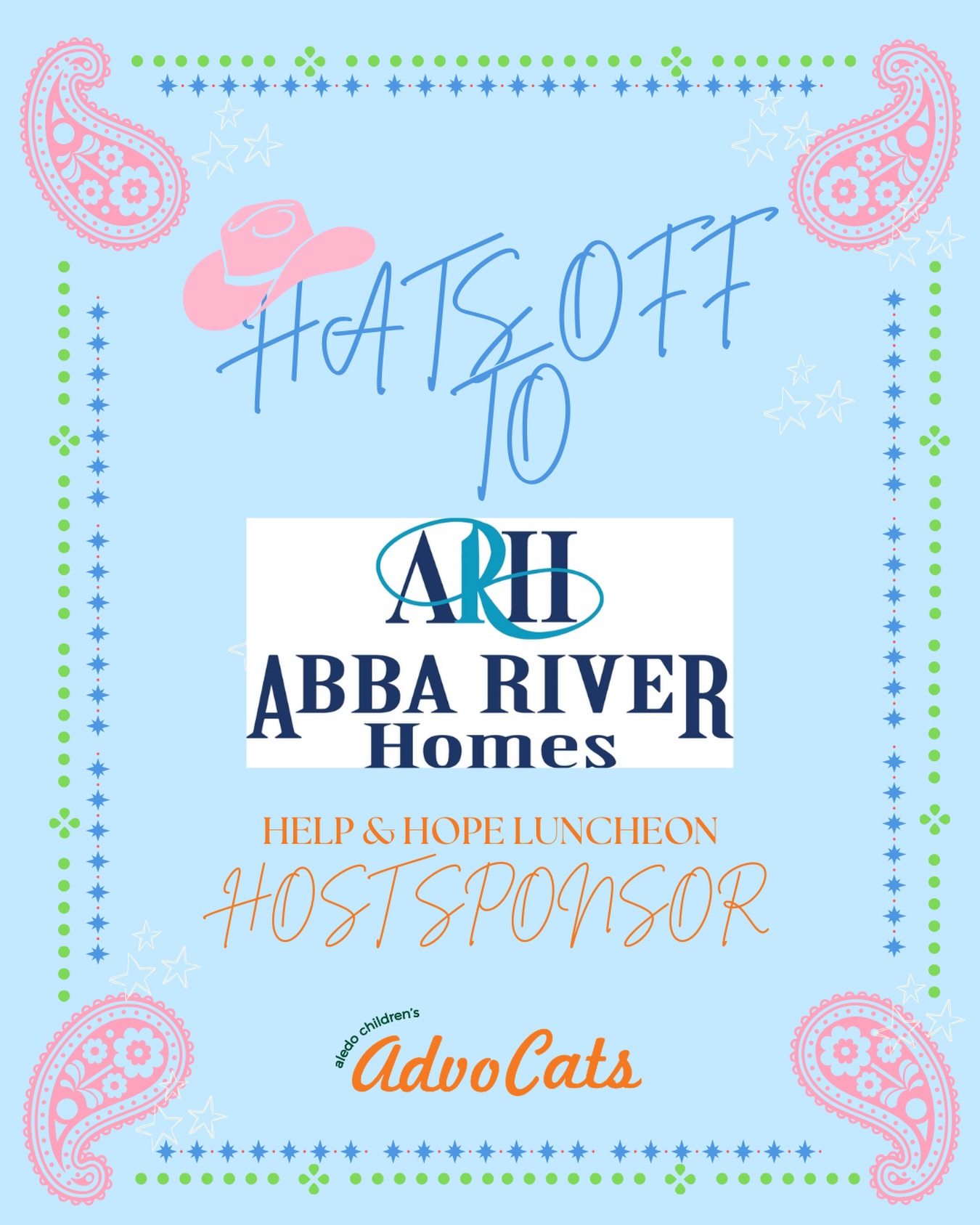 Our Help & Hope Luncheon is just 17 days away and this event wouldn’t be possible without our amazing sponsors!!
SPONSOR SHOUTOUT🩵🩷🧡
Hats off to Abba River Homes for being a HOST SPONSOR!! We are grateful for you🧡🩷🩵