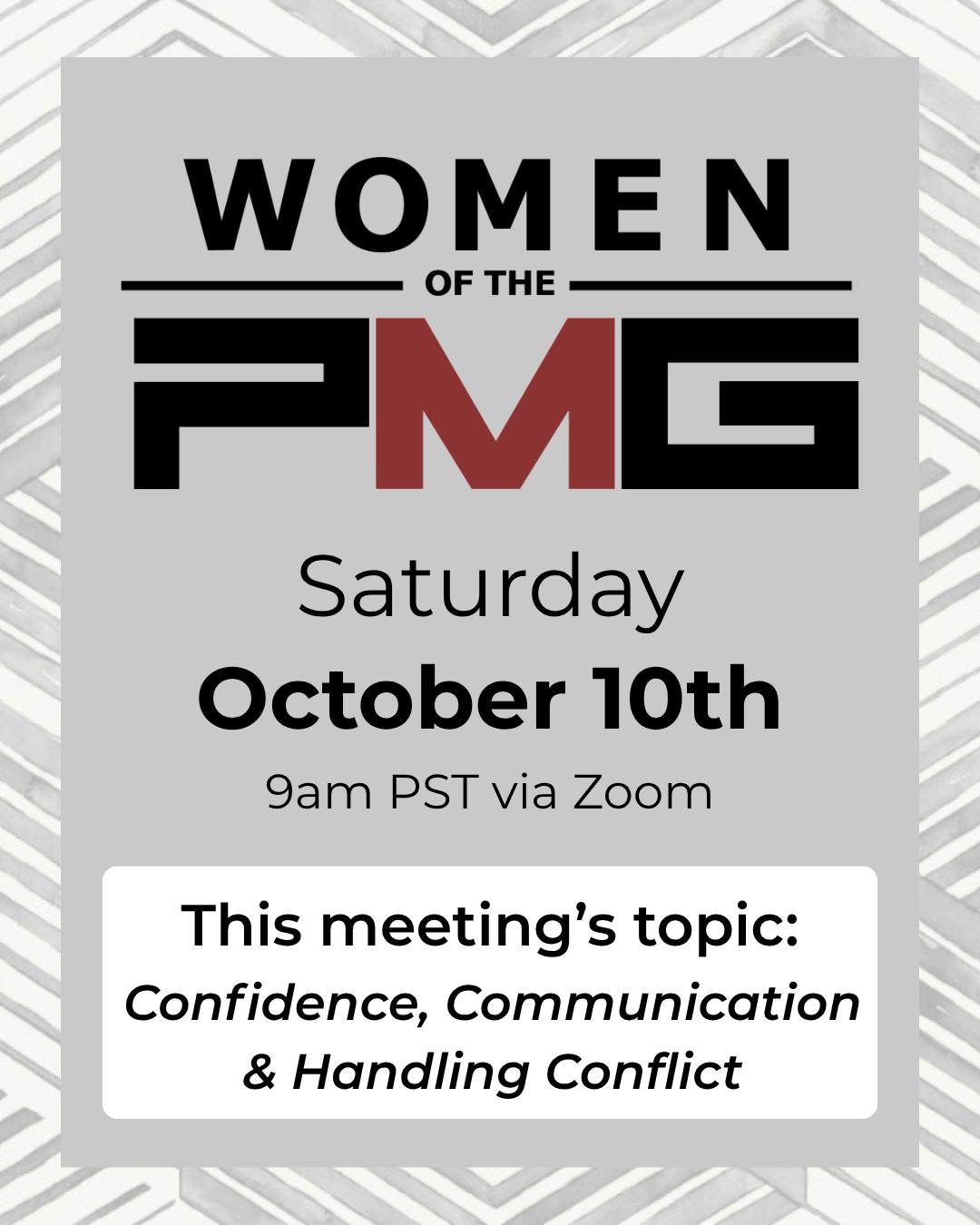 Join the WPMG Saturday, October 10th for our bimonthly meeting - 9AM PST via Zoom.
This meeting's topic: Confidence, Communication & Handling Conflict.
Please check your email for the invite link.
Questions? Email us at info@propertymastersguild.org
