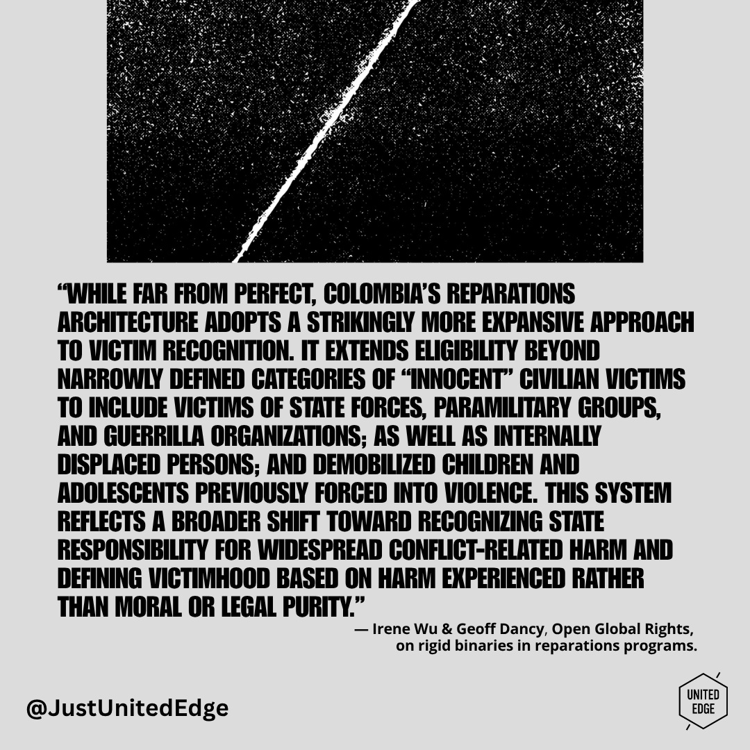 In post-conflict societies, the distinction between "victim" and "perpetrator" isn't always black and white. From child soldiers forcibly recruited into armed groups to individuals committing acts of violence under coercion, real-life trauma often exists in a grey zone, yet most reparations programs enforce strict, rigid boundaries.
Explore why moving beyond rigid binaries in transitional justice is essential and how to better reflect the complex realities of war, expand access to restitution, and help build a more lasting peace. https://bit.ly/4j5Hzct
#TransitionalJustice #HumanRights #Reparations #Peacebuilding #PostConflict #Colombia #InternationalLaw #SocialJustice #ConflictResolution #OpenGlobalRights