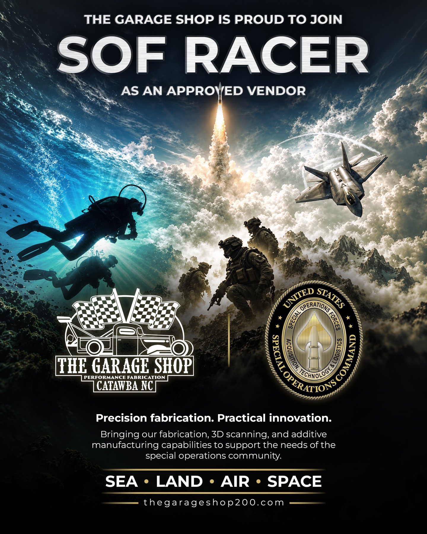 Weβre thrilled to announce that The Garage Shop is now an approved vendor with USSOCOM SOF RACER. Their mission to rapidly field SOF-specific, cutting-edge capabilities from seabed to space lines up perfectly with our focus on innovation, performance, and real-world solutions.
Weβre honored to join this community and canβt wait to bring our experience and inventive spirit to the mission.
#TheGarageShop #SOFRacer #SpecialOperations #SOF #DefenseInnovation