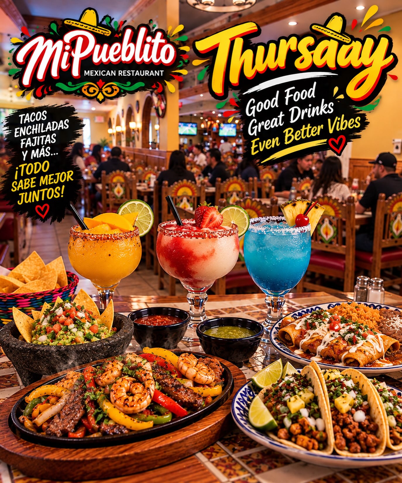 🌮🍹 THURSDAY VIBES AT MI PUEBLITO! 🎉🇲🇽
Why wait until Friday to have a good time? 😍
🔥 Delicious Mexican food
🌮 Tacos, enchiladas, sizzling fajitas & more!
🍹 Refreshing margaritas in your favorite flavors
🎶 Great vibes, amazing food & even better company!
❤️ Good Food • Great Drinks • Even Better Vibes!
Bring your friends, grab a margarita, and make your Thursday unforgettable! 🥳
📍 Mi Pueblito Mexican Restaurant 964 Saratoga st east boston
🌶️ ¡Todo sabe mejor juntos! ¡Te esperamos! ❤️
#ThursdayVibes #MiPueblito #MexicanFood #MargaritaTime #GoodFoodGoodVibes EastBoston