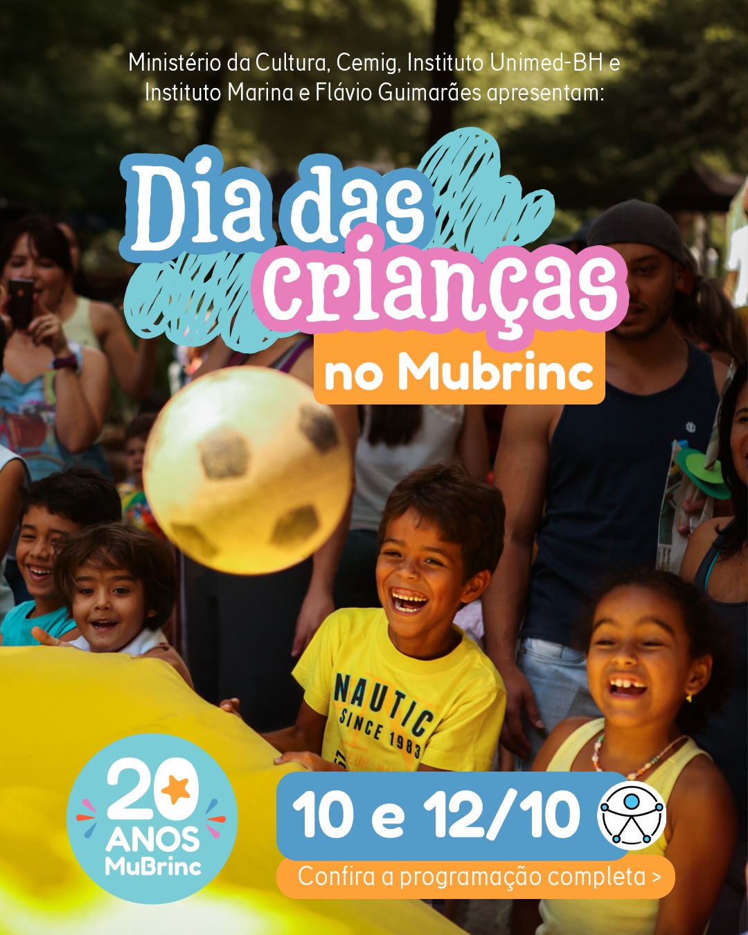 Está chegando uma programação muito especial nos dias 10 e 12 de outubro! 🤩
Teatro Brincante Musical com o Dó Ré Mirim, exposição comemorativa “20 brinquedos, 20 histórias”, Quintal de Brincadeiras, oficinas, Arquivo Vivo das Memórias do Brincar, Cartas para 2046 e a instalação “Um presente para as crianças do futuro”. Tudo isso num só lugar, com recursos de acessibilidade para receber todo mundo.
Vem fazer parte dessa história. 🎉
PROGRAMAÇÃO COM RECURSOS DE ACESSIBILIDADE: Libras • Espaço de regulação sensorial • Acessibilidade física • Apoio e acolhimento
O Museu dos Brinquedos conta com o patrocínio da Cemig, por meio da Lei Estadual de Incentivo à Cultura de Minas Gerais, e com o patrocínio do Instituto Unimed-BH e do Instituto Marina e Flávio Guimarães - Grupo Bmg, por meio da Lei Federal de Incentivo à Cultura; além das empresas Marcelo Guimarães Advogados e Associados e Decta Contabilidade.
#MuBrinc20Anos #MuseudosBrinquedos #DeBrincadeiraEmBrincadeira #BH #BeloHorizonte @grupobmg.oficial @institutomfg_ @circuitoliberdade @prefeiturabh @culturaeturismomg