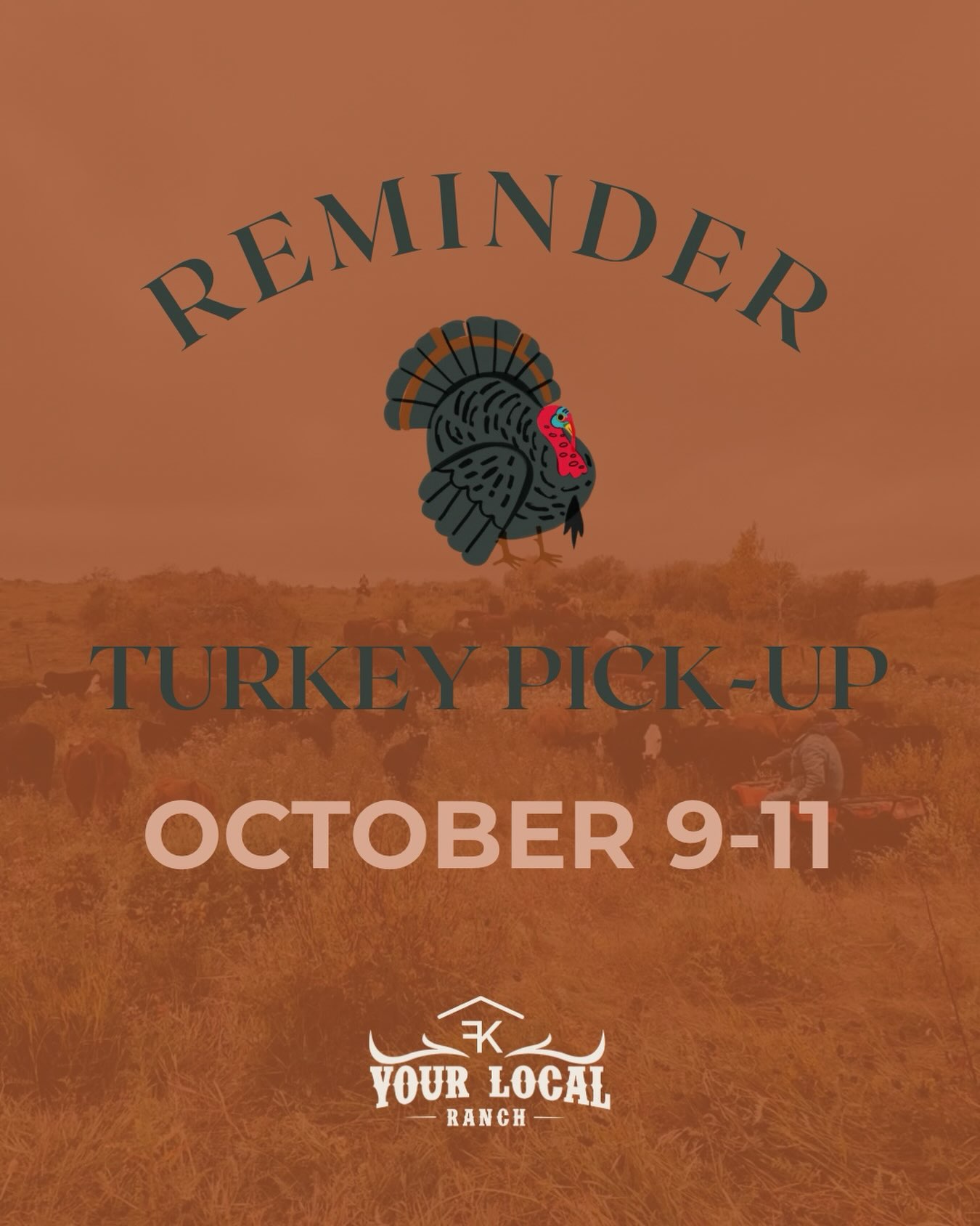 Thanksgiving turkeys are available for pickup this Friday through Sunday at Your Local Ranch!
Airdrie Hours
Friday: 10am-6pm
Saturday: 10am-5pm
Sunday: 10:30am-3pm
Monday: CLOSED
Didsbury Hours
Friday: 8am-4pm
Saturday: 12pm-4pm
Sunday: CLOSED
Monday: CLOSED
🦃🦃🦃