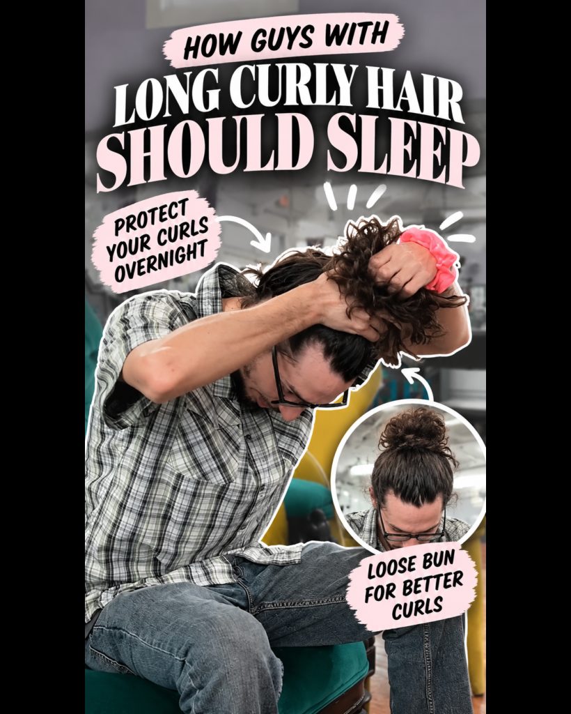 Long curly hair getting messy by day two? Try sleeping with it loosely tied up to help protect your curl shape overnight.
γ
€
#MensCurlyHair #CurlyHairTips #LongHair