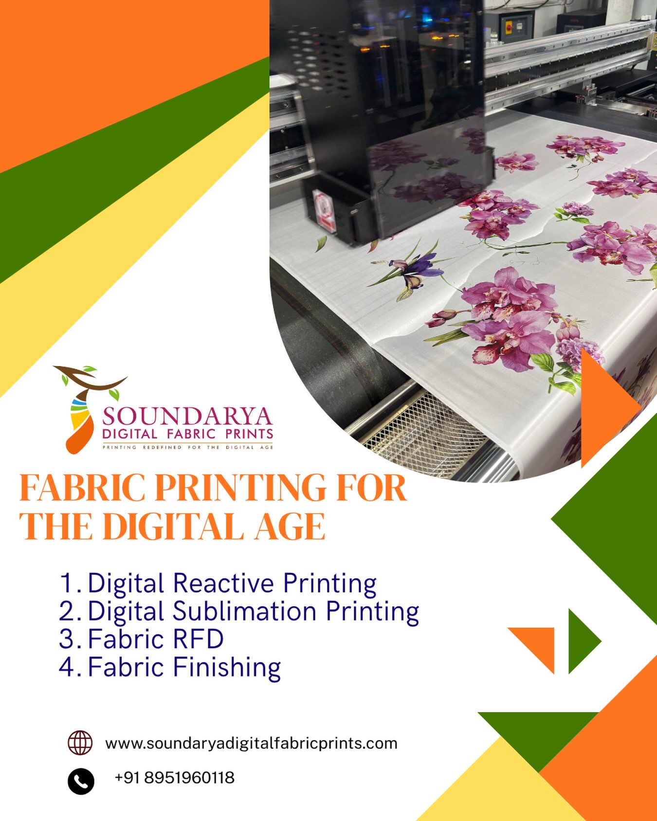 At Soundarya Digital Fabric Prints, we have a full in-house fabric printing unit from
1. Fabric RFD and Scouring to
2. Fabric Printing using Reactive & Sublimation to
3. Fabric Curing & Washing to
4. Fabric Finishing using Stenter, Decadizing & Calendering
