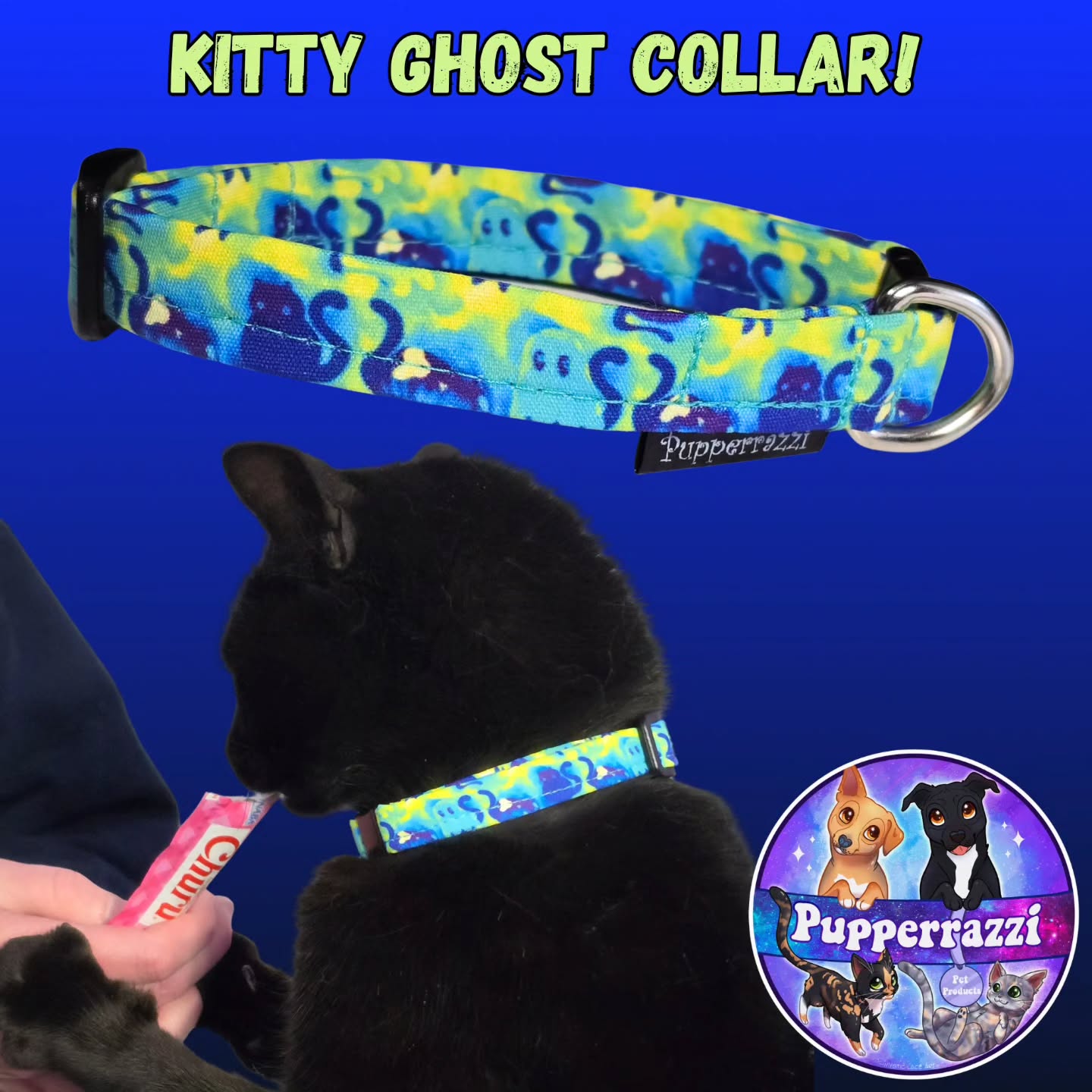 Excuse me, where are my cat people at!?
This collar is SO vibrant! I absolutely love it. Little ghost kitties! 👻🐈
Looks really good on black cats!