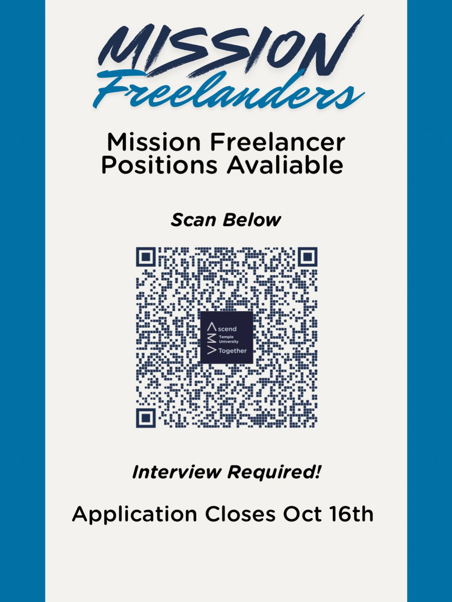 MISSION FREELANCERS WANTED! 💼🚀
Looking to gain real-world experience while building your resume? Mission Freelancer positions are now open! This is a great opportunity to work on meaningful projects, develop professional skills, and add valuable hands-on experience to your resume. 📈
Applications close October 16th, so don’t wait! Scan the QR code or hit the link in our Linktree to apply and take advantage of this opportunity! 🦉