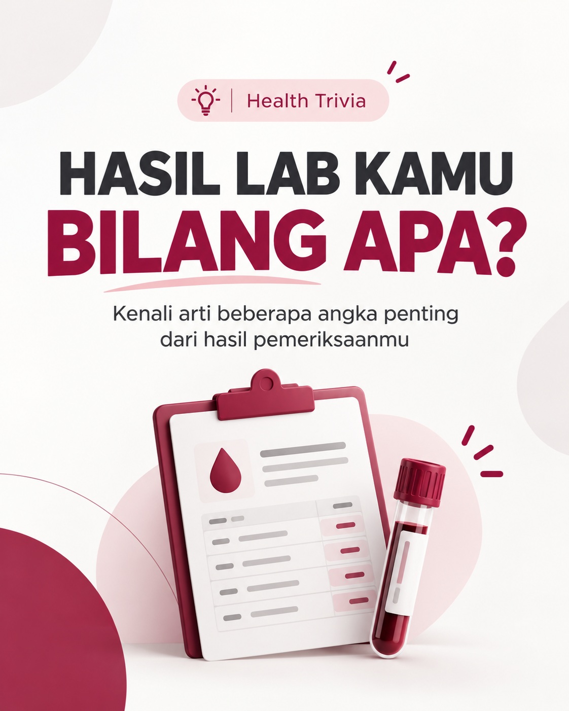 🧪 Hasil Lab Kamu Bilang Apa?
Angka-angka di hasil pemeriksaan laboratorium bukan sekadar angka. Setiap hasil bisa memberikan gambaran tentang kondisi tubuhmu saat ini.
Kolesterol mulai tinggi?
Gula darah perlu diperhatikan?
Fungsi hati atau ginjal bagaimana?
Jangan hanya melihat tanda H atau L pada hasil pemeriksaan. Interpretasi hasil laboratorium sebaiknya dilakukan secara menyeluruh dan disesuaikan dengan kondisi kesehatan masing-masing.
✨ Pemeriksaan rutin membantu kamu mengenali perubahan kondisi tubuh lebih awal dan menentukan langkah kesehatan yang tepat.
Sudah cek kesehatanmu hari ini?
📍 K-LAB Medical Center
Karena memahami kondisi tubuh adalah langkah awal untuk menjaganya.
#KLAB #KLABMedicalCenter #MedicalCheckUp #CekKesehatan #Laboratorium #HasilLab #HealthyLifestyle #PreventiveHealth