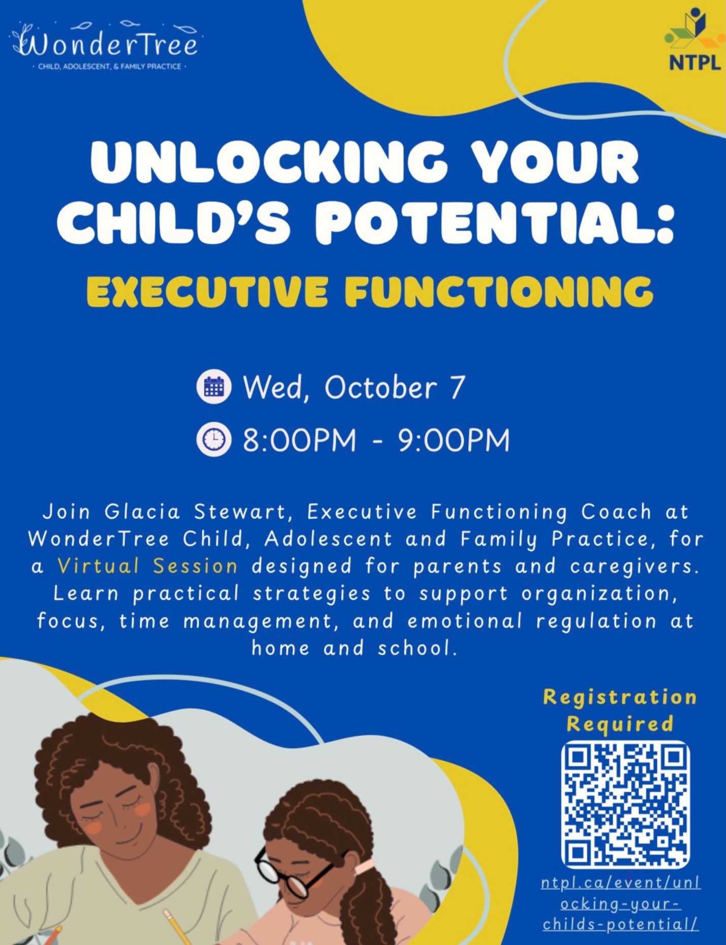 Virtual free talk- TOMORROW! Last chance to register. Join Glacia Stewart, Executive Functioning Coach at WonderTree, for a FREE virtual presentation hosted by New Tecumseth Public Library
Together, we’ll explore:
✨ What executive functioning really is
✨ How executive functioning impacts learning, behaviour, emotions, and daily life
✨ Practical strategies and tools you can use at home and school
✨ Ways to support your child without adding more stress to your day
📅 October 7, 2026
⏰ 8:00–9:00 PM EST
💻 Online
💚 FREE for parents and caregivers
👉 Registration is required:https://ntpl.ca/event/unlocking-your-childs-potential/
Share this with a parent or caregiver who could use some practical executive functioning strategies! 🌿