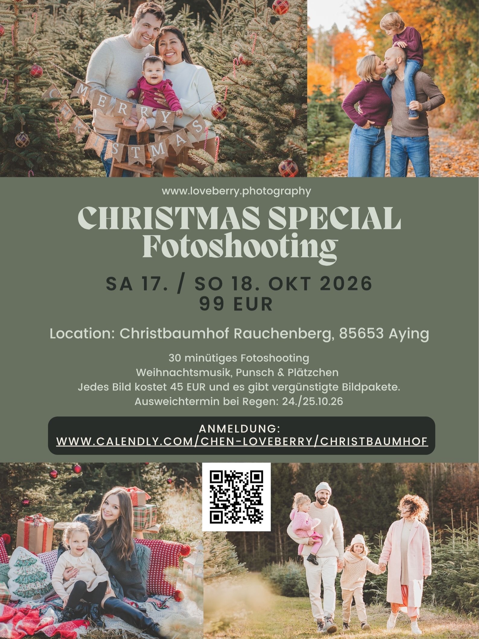 🎄 CHRISTMAS SPECIAL – OUTDOOR auf dem Christbaumhof Rauchenberg
Zum bereits 4. Mal in Folge darf ich euch auf dem traumhaften Christbaumhof Rauchenberg in Aying begrüßen, nur 40 Minuten von München entfernt. Dort erwarten euch liebevoll gestaltete weihnachtliche Sets mitten in der wunderschönen Natur.
Und selbstverständlich können wir auch ganz natürliche Familienbilder ohne Weihnachtsdekoration machen – zwischen Bäumen und am Waldrand in der herbstlichen Landschaft 🍂. So entstehen zeitlose Familienfotos, an denen ihr das ganze Jahr über Freude habt.
➡️ Zur Anmeldung: Link in Bio 🔗
Erfahrungsgemäß sind die Shootings schnell ausgebucht, also sichert euch rechtzeitig eurer Lieblings-Slot! ❤️
Ich freue mich schon sehr auf darauf, viele wunderschöne Erinnerungen für euch festzuhalten! 🥰
Eure,
Chen 🥰
www.loveberry.photography
📱 0176-44453545
📧 chen@loveberry.photography
#weihnachtsshootingmünchen #familienshootingmünchen #christmasphotoshoot #herbstshooting #weihnachtsfotoshootingmünchen
🤰 Auch für Schwangerschaftsfotos
Egal, ob mit Partner, als Familie oder ganz für euch allein: Die Christmas Specials sind auch eine wunderbare Gelegenheit, eure Schwangerschaft in besonderen Bildern festzuhalten.