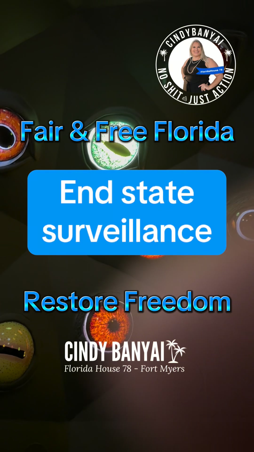 We must take a stand against the constant, technology-powered, and AI supported state surveillance. No surveillance without a warrant. That’s what we need for a Fair and Free Florida. Vote for me, Cindy Banyai, to end the surveillance state. #takebacktally #noshit #hd78 #fortmyers #election2026