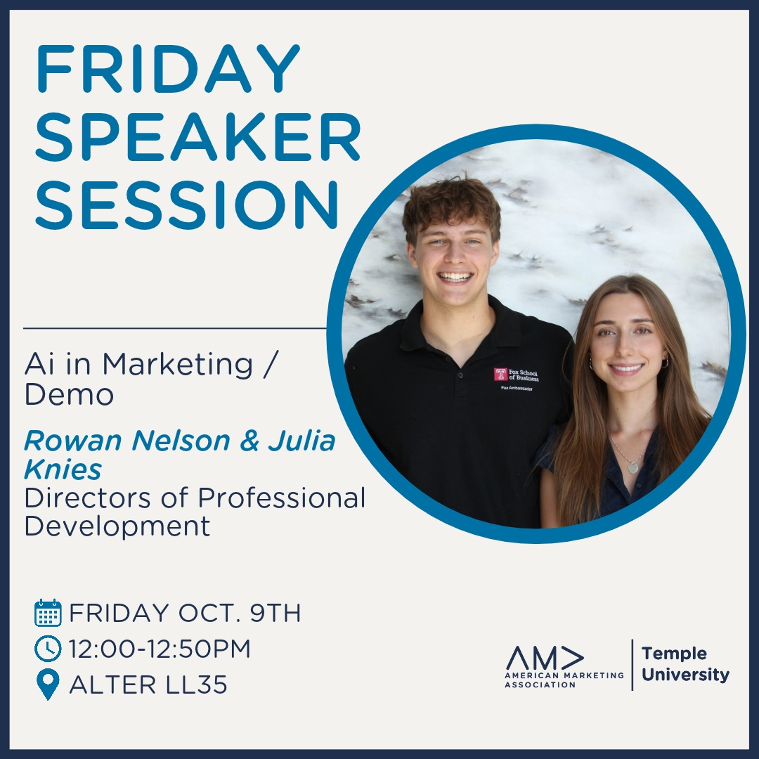 Something’s brewing at AMA! ☕
Join us today to learn how to navigate and use AI in marketing! Presented by Rowan Nelson and Julia Knies, our Directors of Professional Development, this Friday's Speaker Session will cover real-world AI strategies and practical demos. Come hear about their experience and bring your questions!
📍 Alter LL35
🕛 12:00–12:50 PM