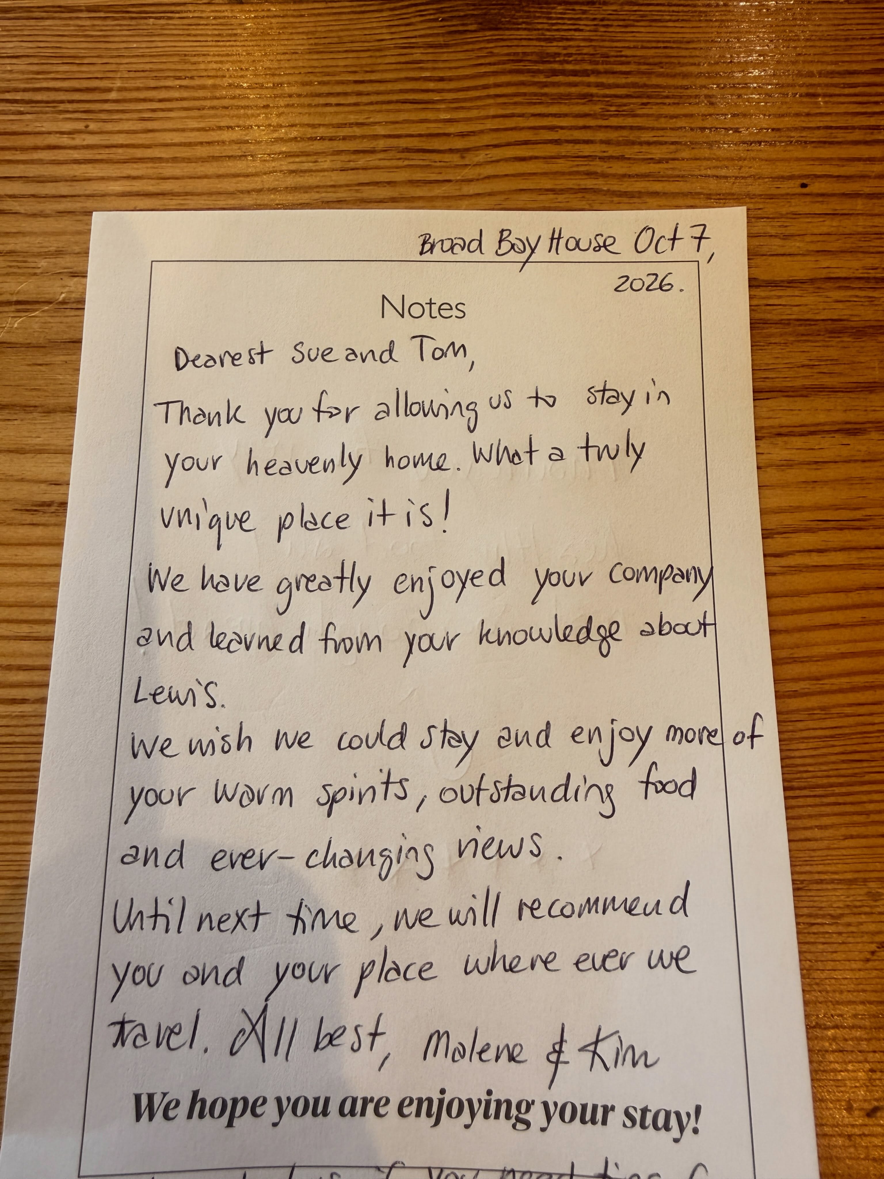 When amazing guests leave lovely notes behind. Safe travels.