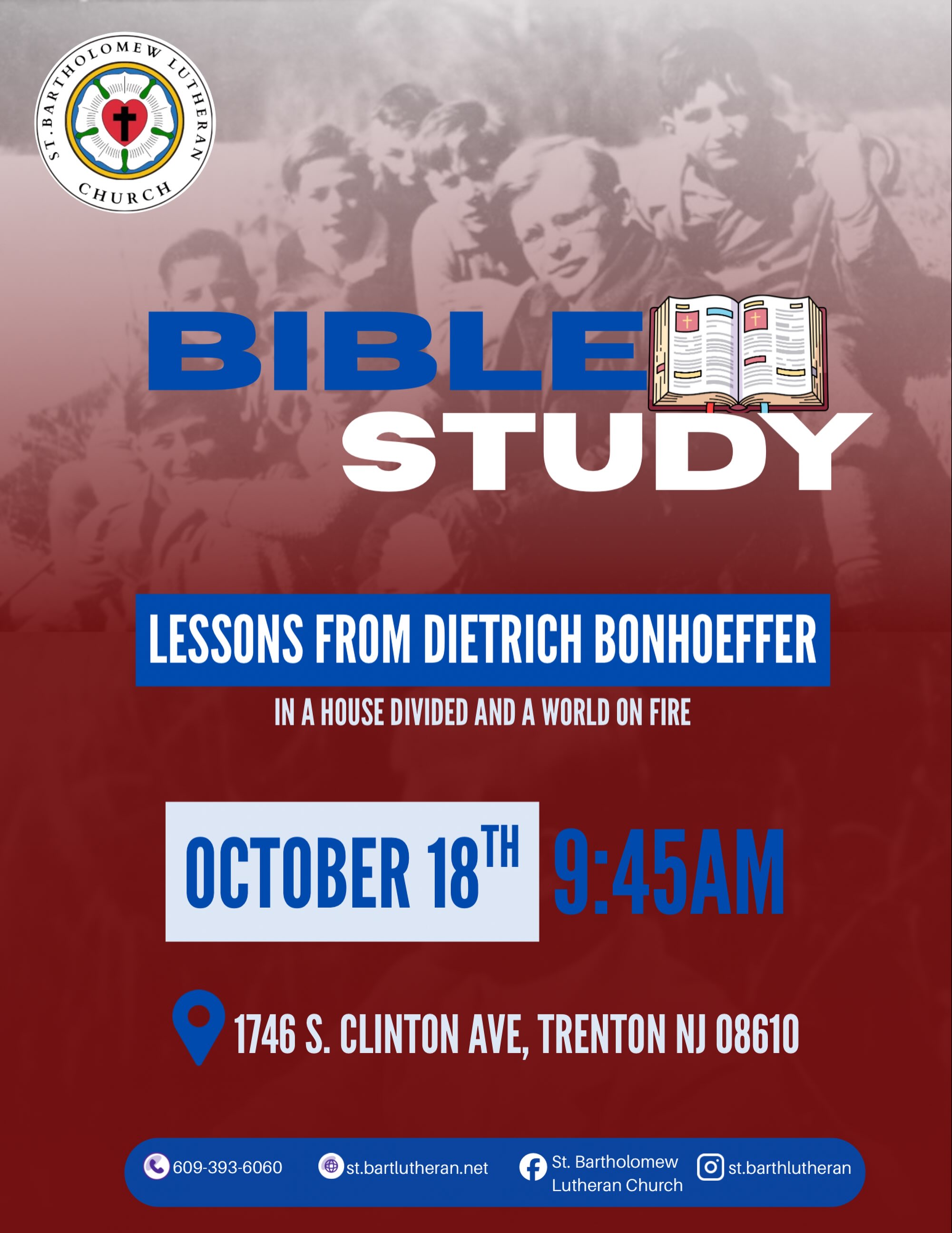 Starting next Sunday we will bible study focusing on Dietrich Bonhoeffer 📚 Eveyone is welcomed to join us 🙌 We hope to see you guys there
A partir del próximo domingo, realizaremos un estudio bíblico centrado en Dietrich Bonhoeffer 📚. Todos son bienvenidos a acompañarnos 🙌. Esperamos verlos allí.
📅October 18th
⏰ 9:45AM
📍 1746 S. Clinton Ave, Trenton NJ 08610