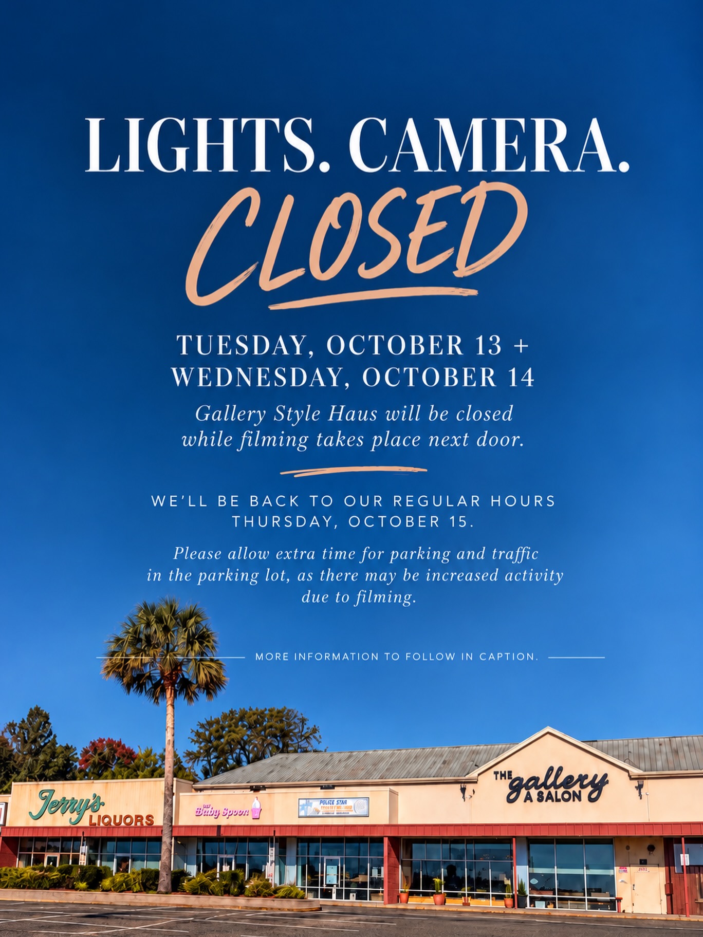 🎬 Lights, camera… a little change of plans!
As some of you may have noticed, a film crew has been preparing the area around the Preakness Shopping Center for an upcoming shoot! Filming will take place Monday, October 12th through Friday, October 16th, right near Gallery Style Haus.
Because of the filming, Gallery Style Haus will be CLOSED Tuesday, October 13th & Wednesday, October 14th.
We’ll be back fully open and operating during our regular business hours Thursday, Friday, Saturday & Sunday — and yes, filming will still be happening during some of our business hours!
If you have an appointment with us, don’t worry — you WILL be able to get to the salon. The film crew is working closely with the Wayne Police & Fire Departments, and designated parking will be available throughout the shopping center. Parking areas may change slightly during the week, so we just ask for a little patience while everything is going on. 🤍
When you arrive, simply let the traffic guards know you have an appointment at Gallery Style Haus and they’ll grant you access and help direct you to parking.
And since Hollywood is coming to our neighborhood, we’re joining in on the fun! Expect movie-themed outfits, treats & a little extra movie magic at the salon throughout the week. 🍿✨
Thank you for your patience and understanding during all the excitement — we can’t wait to see you! 🤍