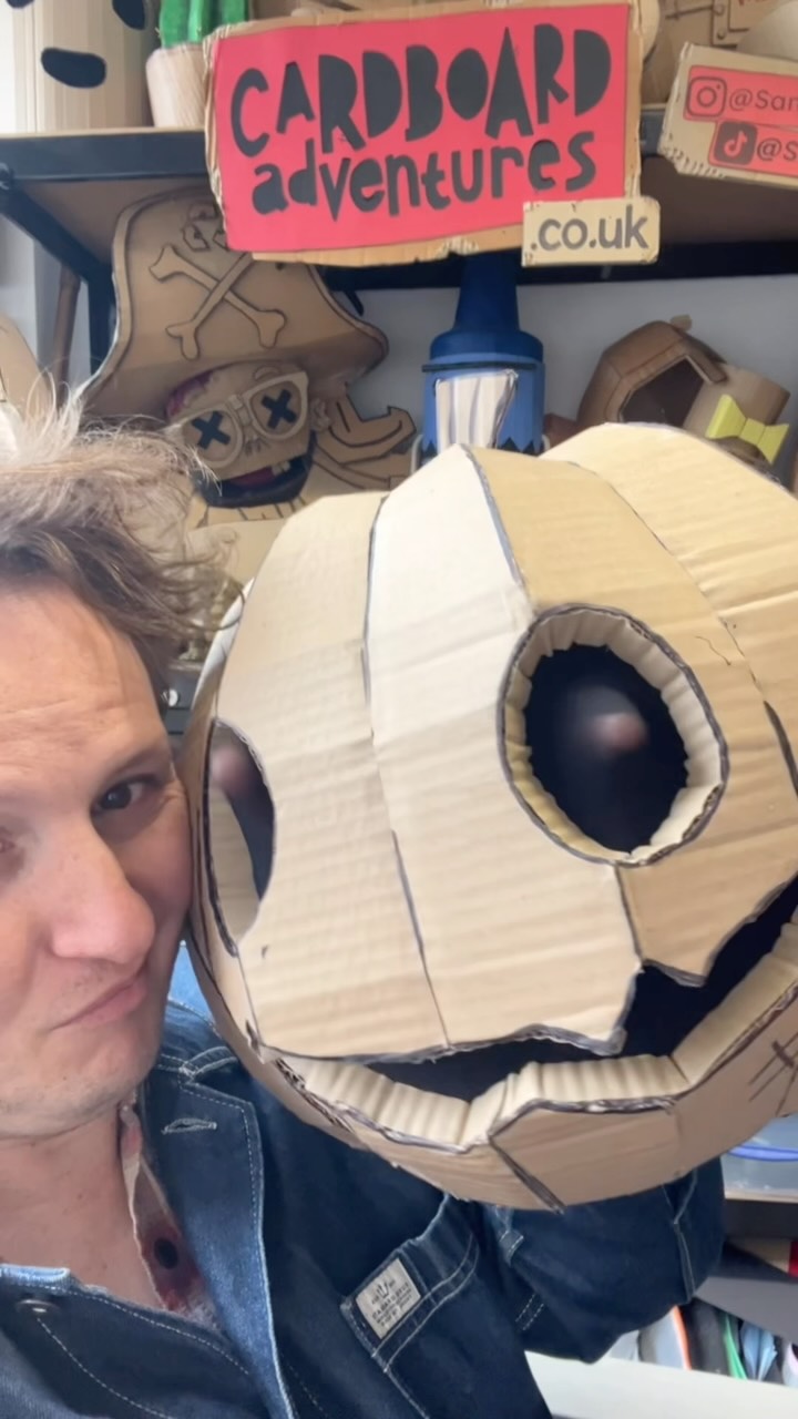 Had a few questions of how to add this thickness to my pumpkin pattern - available now on CardboardAdventures.co.uk
So all I did was cut a bunch of strips, about 1cm in thickness and cutting long the grain so it’s nice and bendy, then I taped it to the inside of the pumpkin, following the shape of my eyes, nose, mouth and any decoration, taping as I went, the used the trusty hot glue gun from the inside to secure it all in place before removing the tape.
Then I got a pair of tights, cut them up and very carefully glued them the eye and mouth holes!!
It ‘twas fun!! Recommended fun times!!