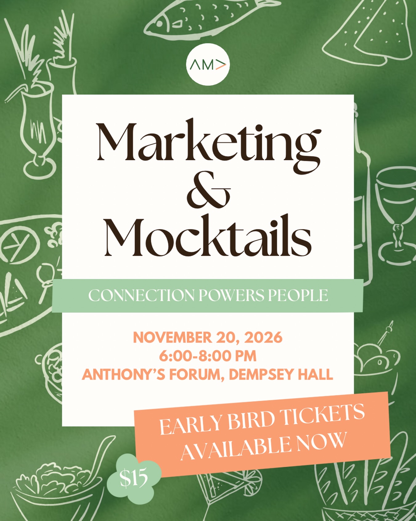 You’re invited to AMA’s 15th Annual Marketing & Mocktails: Connection Powers People 💌
This year’s Marketing & Mocktails is focused on more than just surface level networking–it’s about forming deep connections with each other. Join us for some delicious mocktails, a speaker panel on authentic marketing, and an opportunity to build lasting relationships with industry professionals!
Early Bird tickets are on sale NOW through the link in our bio–use code XYC442 to get your ticket! Be sure to buy your tickets soon because spots are limited and they won’t be sold at the door.
📌Mark your calendar:
Friday, November 20th
6:00 - 8:00 PM
Anthony’s Forum, Dempsey Hall
