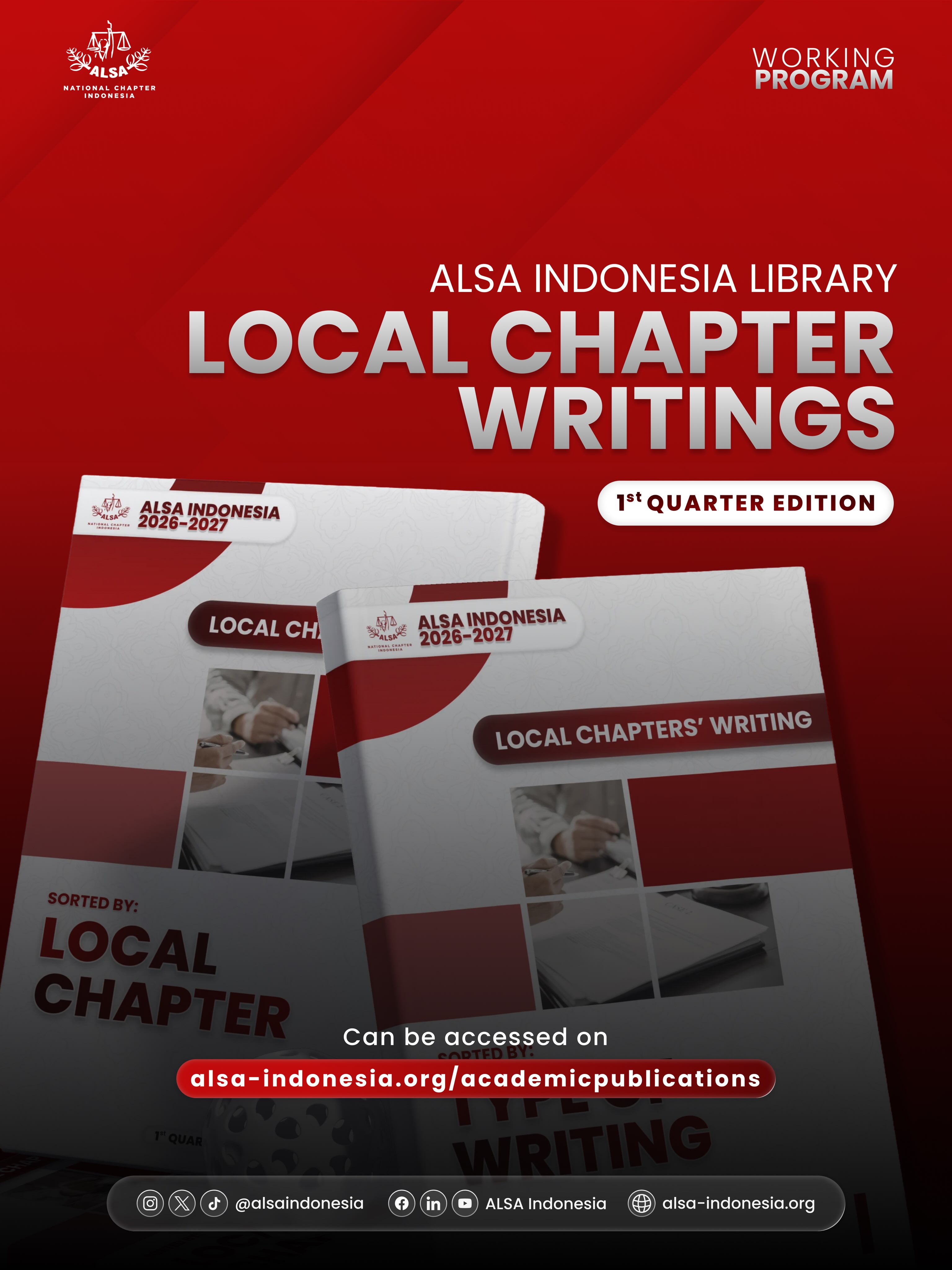 Warm Greetings, ALSAians!
Great ideas deserve to be read, shared, and appreciated.
Through Local Chapter’s Writing: ALSA Indonesia Library #1, ALSA Indonesia proudly presents a collection of outstanding legal writings contributed by our Members from various Local Chapters across Indonesia. Each work reflects the critical thinking, academic curiosity, and dedication of ALSA Indonesia Members in exploring diverse and relevant legal issues.
We would also like to extend our appreciation to all Local Chapters and Members who have contributed their remarkable works to ALSA Indonesia Library #1.
Scan the QR Code to explore the writings and discover the ideas brought to life by ALSA Indonesia Members.
May these works inspire more ALSAians to write, contribute, and create meaningful impact through legal scholarship.
ALSA, Always Be One!