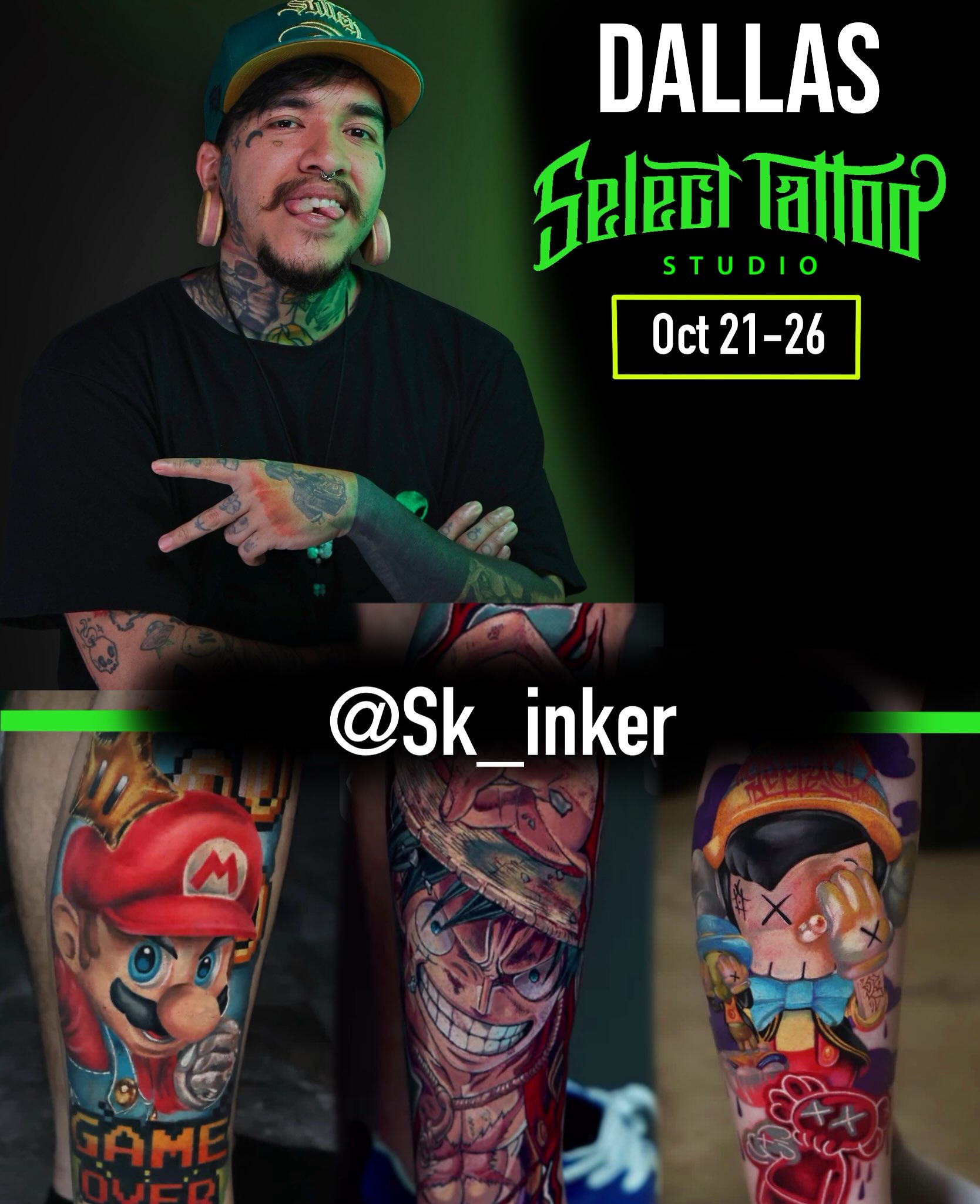 One of our old resident artists is coming back in town for a couple of days! October 21-26
Slots are limited already so send a DM if you’re looking to get piece from him. If you have been thinking of getting a color anime, cartoon, comic or video game related tattoo then this is the time!
Message @sk_inker to book