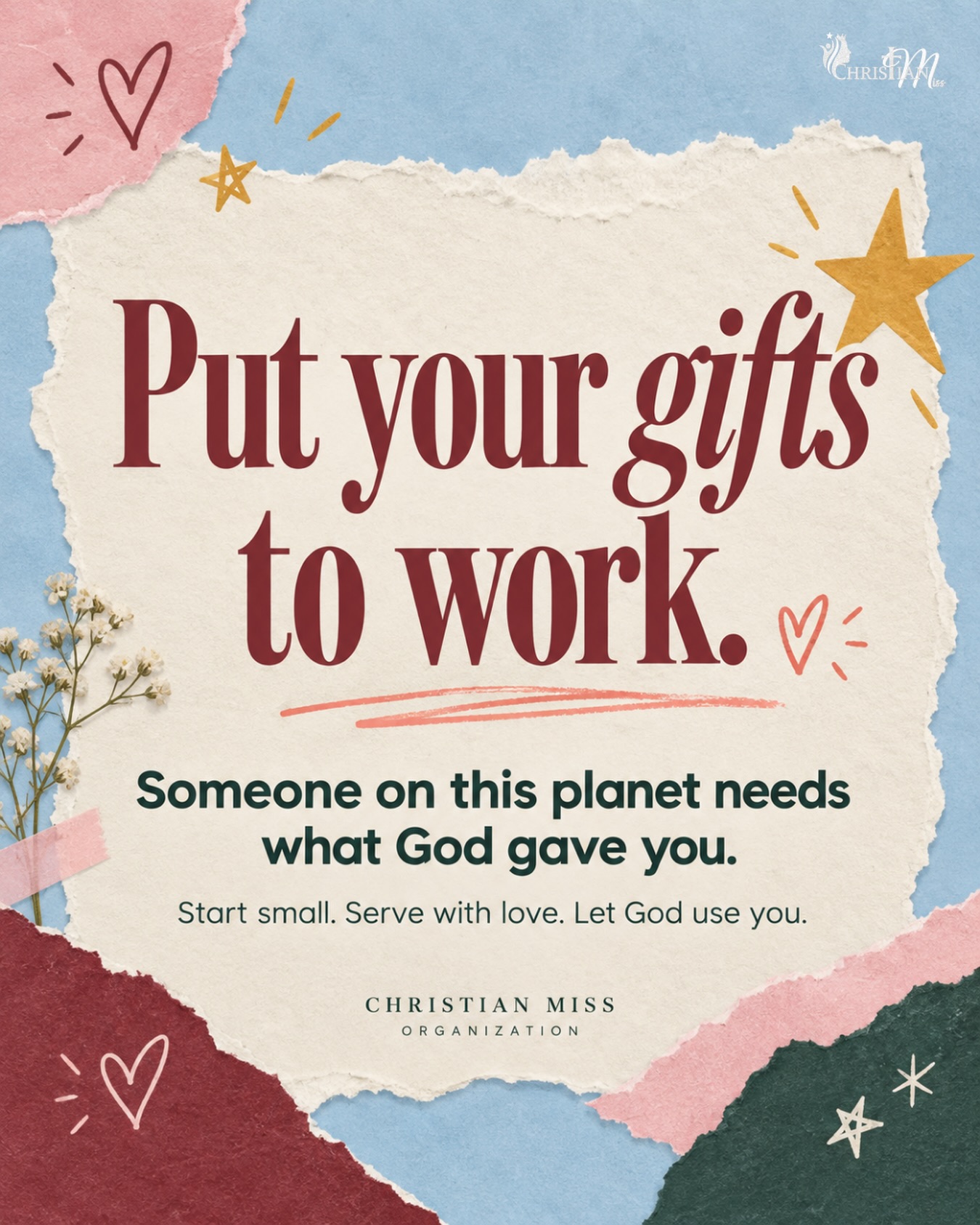 God gave you gifts, and your generation needs girls who are willing to use them for Him. Girls who will pray, “Lord, You gave this to me. Help me take care of it and use it for Your glory.” You don’t have to be famous, older, or have more money for God to use you. You don’t even have to feel fully ready- just start with your yes. You can start right where you are, with what you have. Your obedience today can make a difference in someone’s life.
#christianmiss #buildingboldness #useyourgifts #christianity #christiansisterhood