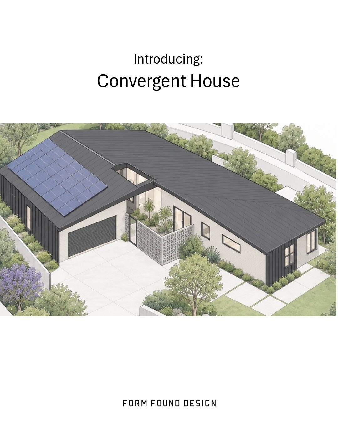 Convergent House is a Palisades Fire redesign based on the converging building volumes and converging lives of the residents. The home is anchored by expansive hilltop ocean views, where the design emerges from the unique site conditions.