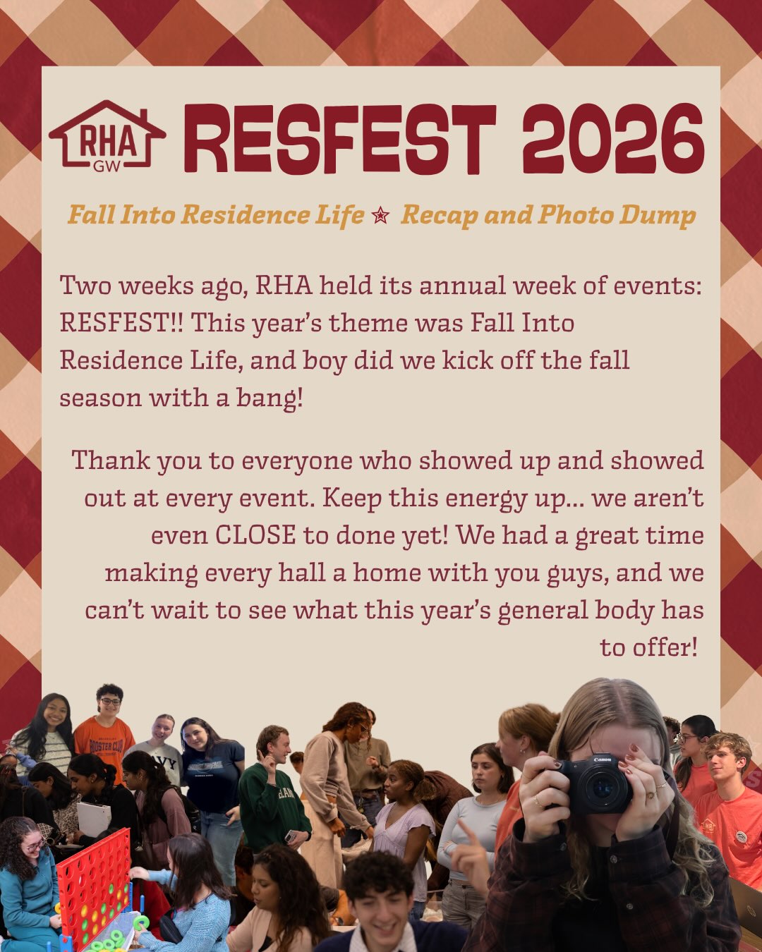 ๐๐ REFEST PICTURES JUST DROPPED ๐๐
Thank you to all 25 Residence Halls here at GWU for showing up and showing out at ResFest 2026!! We had an AMAZING time throwing this week of events for you all, and we canโt WAIT for next year, plans have already begunโฆ MWAHAHAHAHAH!!
Thank you to our Programming Team here in RHA and to organizations/companies like The Stitch on the Vern, Captain Cookie, Lerner Health and Wellness Center, and the lovely residents here on campusโ students like YOUโ for making ResFest truly magical this year. We couldnโt have opened up the Fall season with better events! ALSO!! Thank you to our lovely Community Outreach director @audreybeavs for taking epic pics of us ALL WEEK!! Most of the pictures above were taken by her and @willohdonnell :-)
Finally, a huge congratulations to Madison Hall ( @gwrha_madison ) for having the most people show up to these events, itโs thanks to halls like you that we are the organization we are. Keep being stars and keep making every hall a home!
See you all next time!
-GWRHA