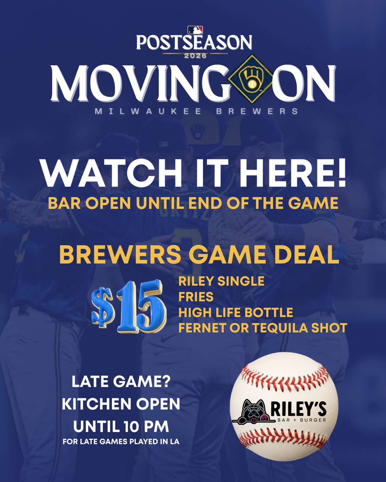 ⚾️ This is our year! Cheer on this special team through the playoffs.
Special available from 60 mins before Gametime throughout. Kitchen open until 9 pm, but will extend to 10 pm for the LA road games.
Yassss we will be open for the entire game!
📍 Riley’s Bar + Burger
#brewers #dearmke #mkemycity #bayviewmke #burgerbar