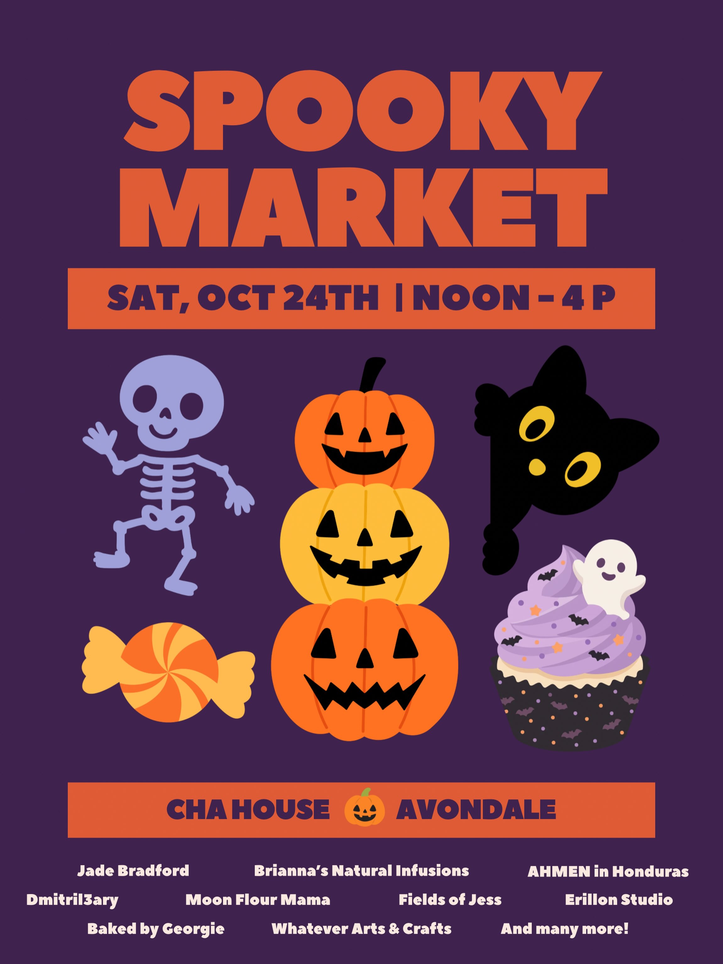 We have lots of vendors for our upcoming market! Returning artists that you know & love + some new spooky vendors! Support local with us Saturday 10/24 from noon-4!