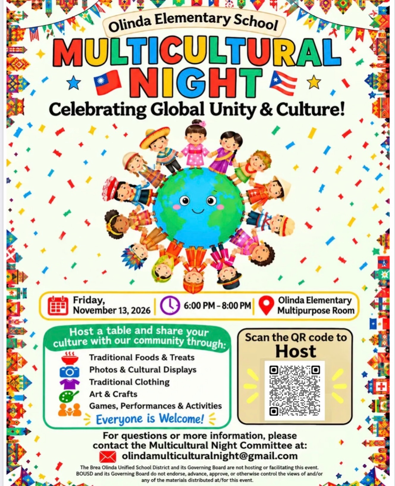 🌎✨ Calling All Families! ✨🌏
Help us celebrate the beautiful cultures that make our Olinda community so special! ❤️
We’re looking for families to host a cultural table at our upcoming Multicultural Night! 🎉
Share your heritage through food, traditions, clothing, games, crafts, or anything that makes your culture unique!
🌟 Let’s travel the world together without leaving our school!
Interested in hosting a table? We’d love to have you join us! Sign up today!
🌍❤️ Many cultures. One community.