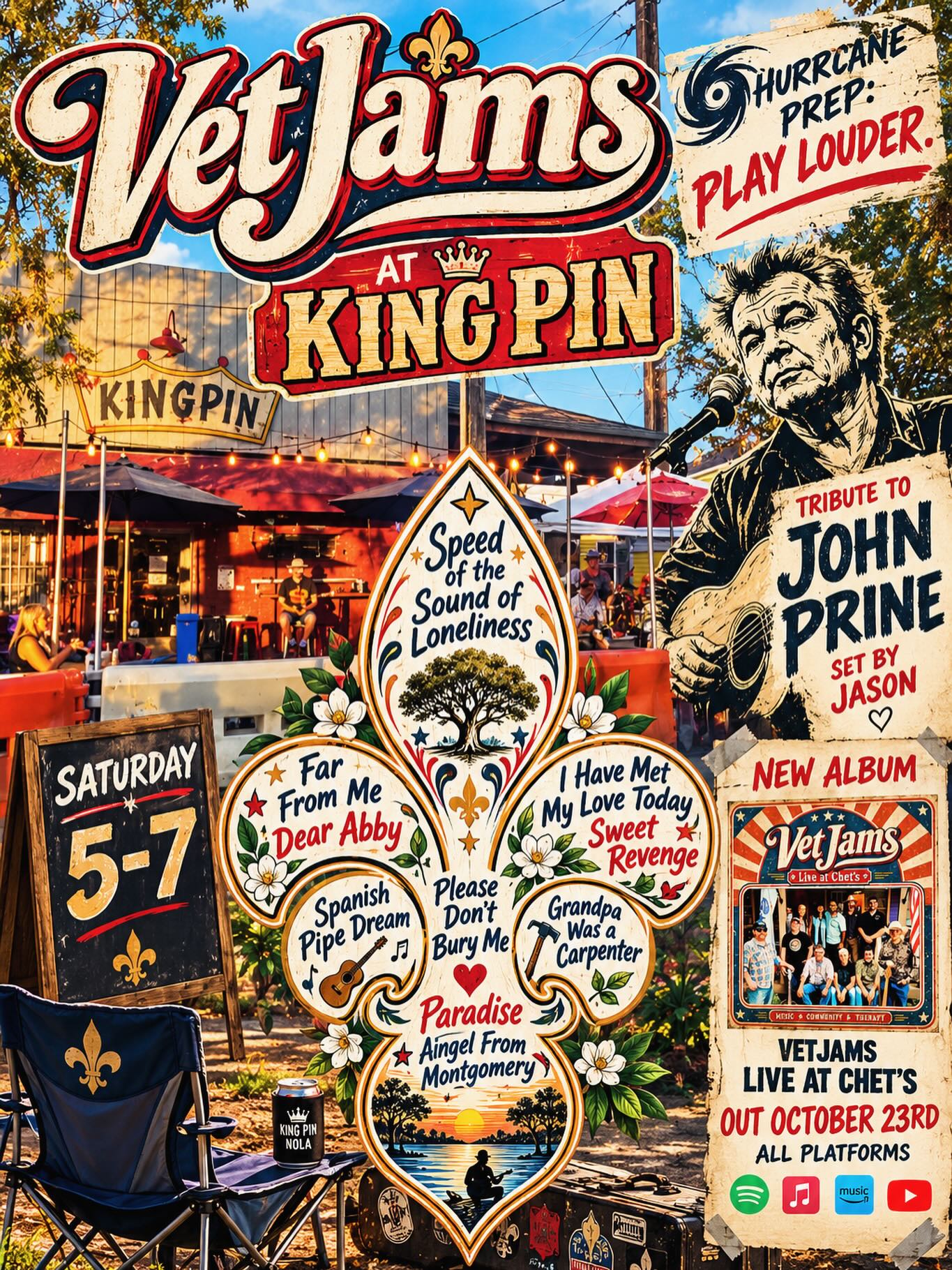 We’re back at @kingpinnola this Saturday 5-7. Free show. One of our favorite hangs in the city, and it just happens to be John Prine’s birthday! So @my.new.orleans is going to do a bunch of Prine tunes to celebrate one of the greatest american songwriters in history. Grab your festival chair, pray to the hurricane gods that it misses New Orleans, and we’ll see you Saturday! It’s ok to talk about what’s going on in your head and through the VetCenter all veterans can see a therapist for free. #neworleans #neworleansmusic #vetjam #veterans #therapy musictherapy community freeVETtherapy 988