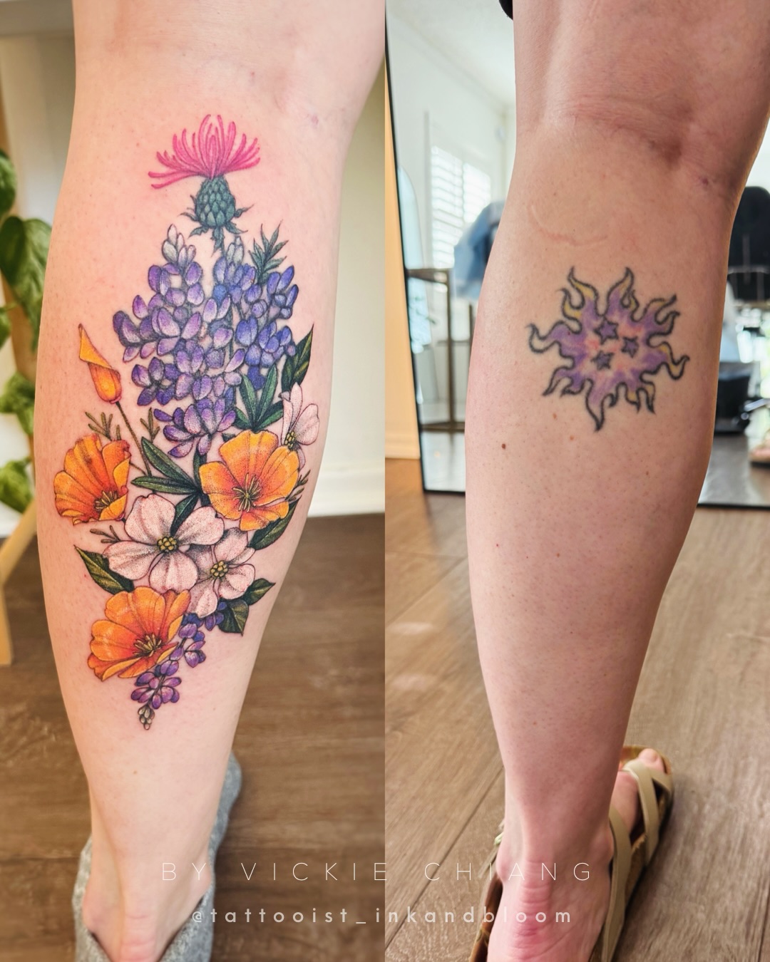 A faded sun calf tattoo is transformed into a vibrant floral cover-up featuring lupines, California poppies, Pacific dogwood ♡
#tattootransformation #tattoocoverup #calftattoo #bouquettattoo #flowertattoo