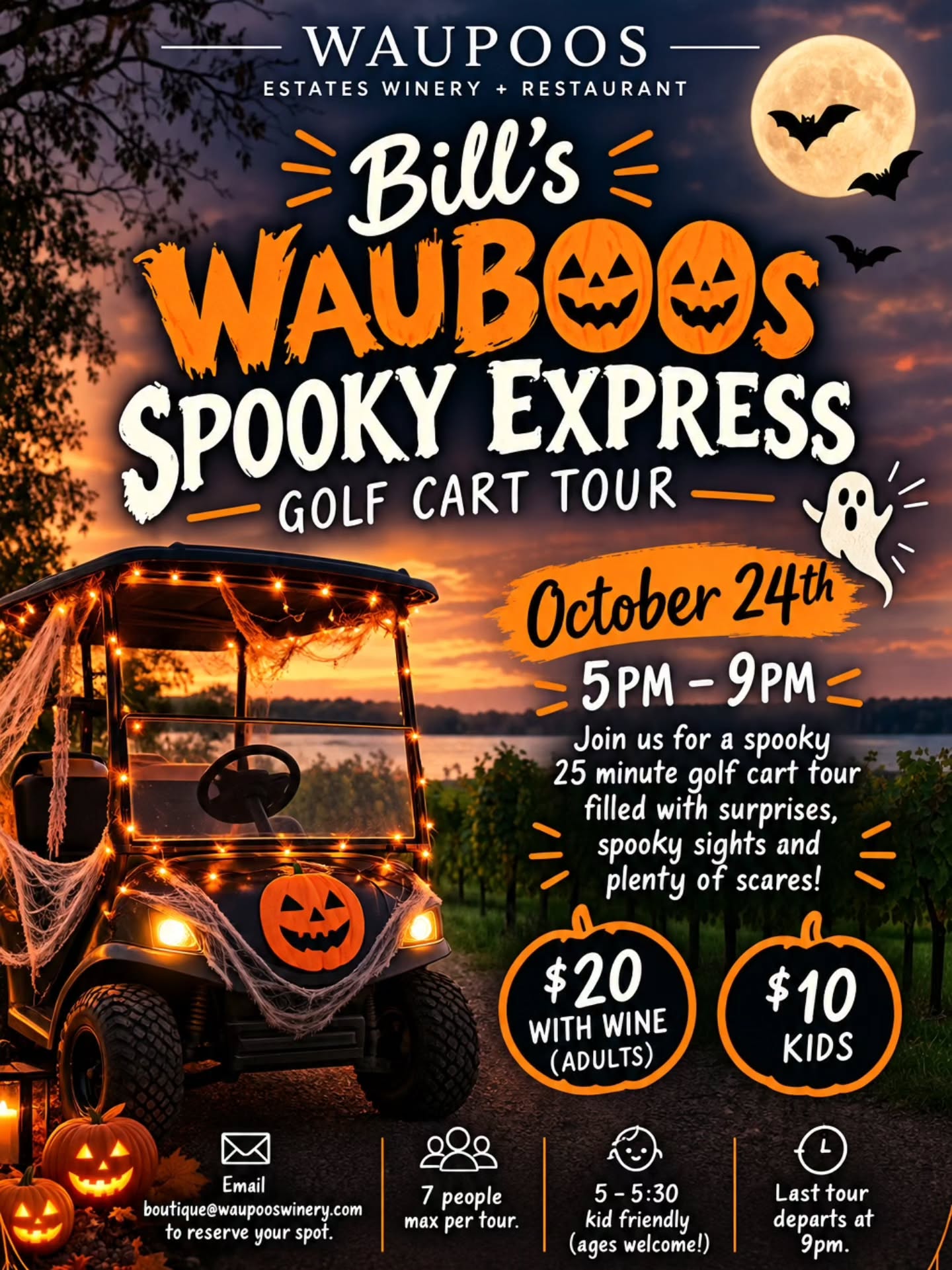 👻 All aboard Bill’s WAUBOOS Spooky Express! 🎃
Get ready for a spooky evening adventure around the property! Hop aboard our decorated golf cart for a 25-minute Halloween tour filled with surprises, spooky sights and plenty of scares! 🕷️
📅 October 24th
⏰ 5–9 PM (5 - 5:30 kid Friendly)
🍷 $20 with wine — Adults
🎃 $10 — Kids
👻 7 people max per tour
🚨 Last tour departs at 9 PM!
✉️ boutique@waupooswinery.com to book your spot
Gather your bravest friends and family, and come see Waupoos after dark… if you dare! 👻🎃
#WaupoosWinery #WauBOOS #SpookyExpress #HalloweenAtWaupoos #PrinceEdwardCounty