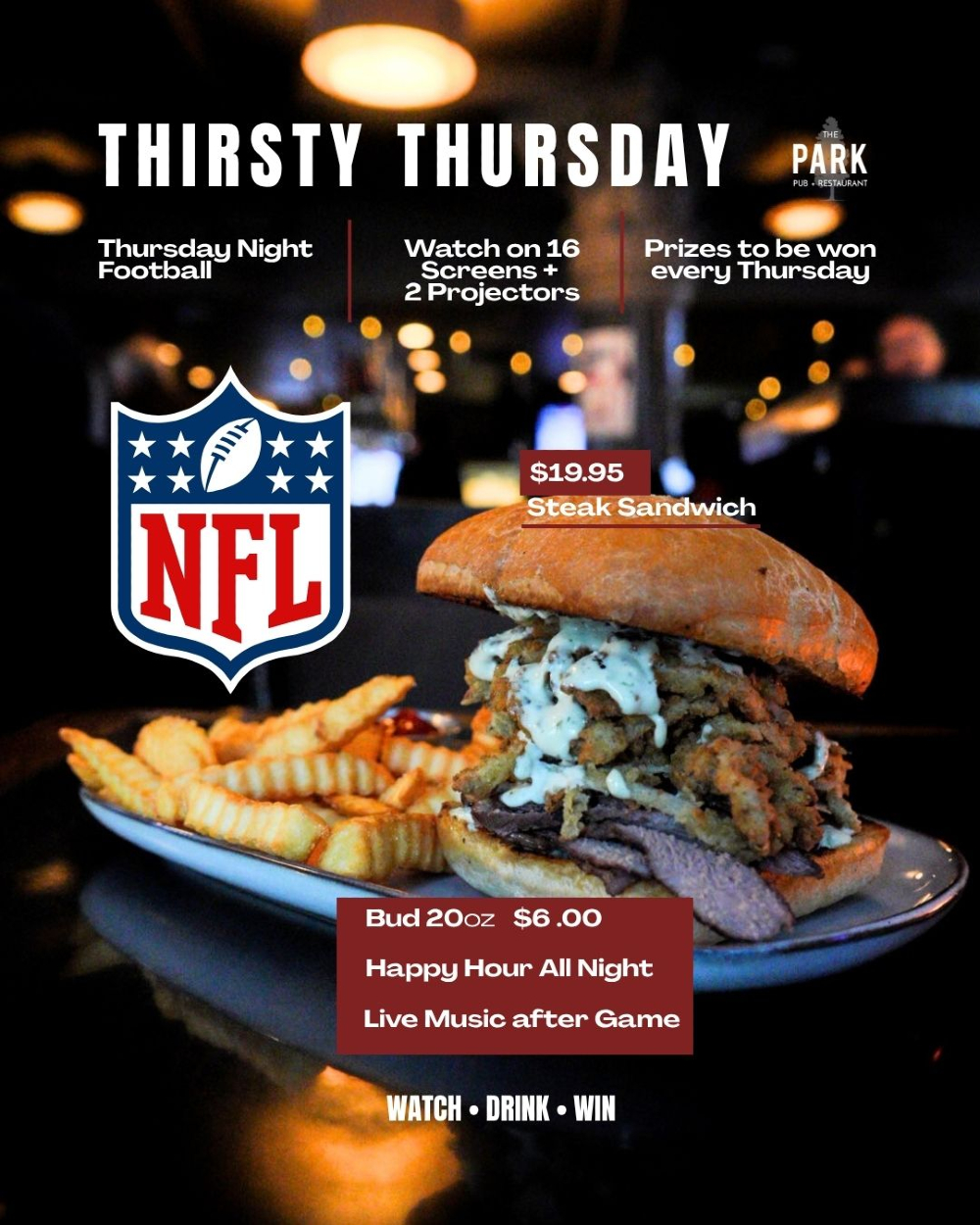 Thursday plans? Sorted. 🏈🍺
THIRSTY NIGHT FOOTBALL LIVE FROM THE PARK
At The Park Pub, game night doesn’t end at the final whistle.
Catch Thursday Night Football across 16 screens + 2 projectors, grab a $6 Bud 20oz with Happy Hour running all night, settle in with our $19.95 Steak Sandwich, and keep an eye out for prizes throughout the night.
Then when the game wraps up, the night keeps going with live music after the game. 🎶
Big screens. Cold beers. Pub food. Prizes. Live music.
One table. One night. No reason to go anywhere else.
📍 The Park Pub | English Bay
🍻 Get in early and make a night of it.
#TheParkPub #ThursdayNightFootball #VancouverSportsBar