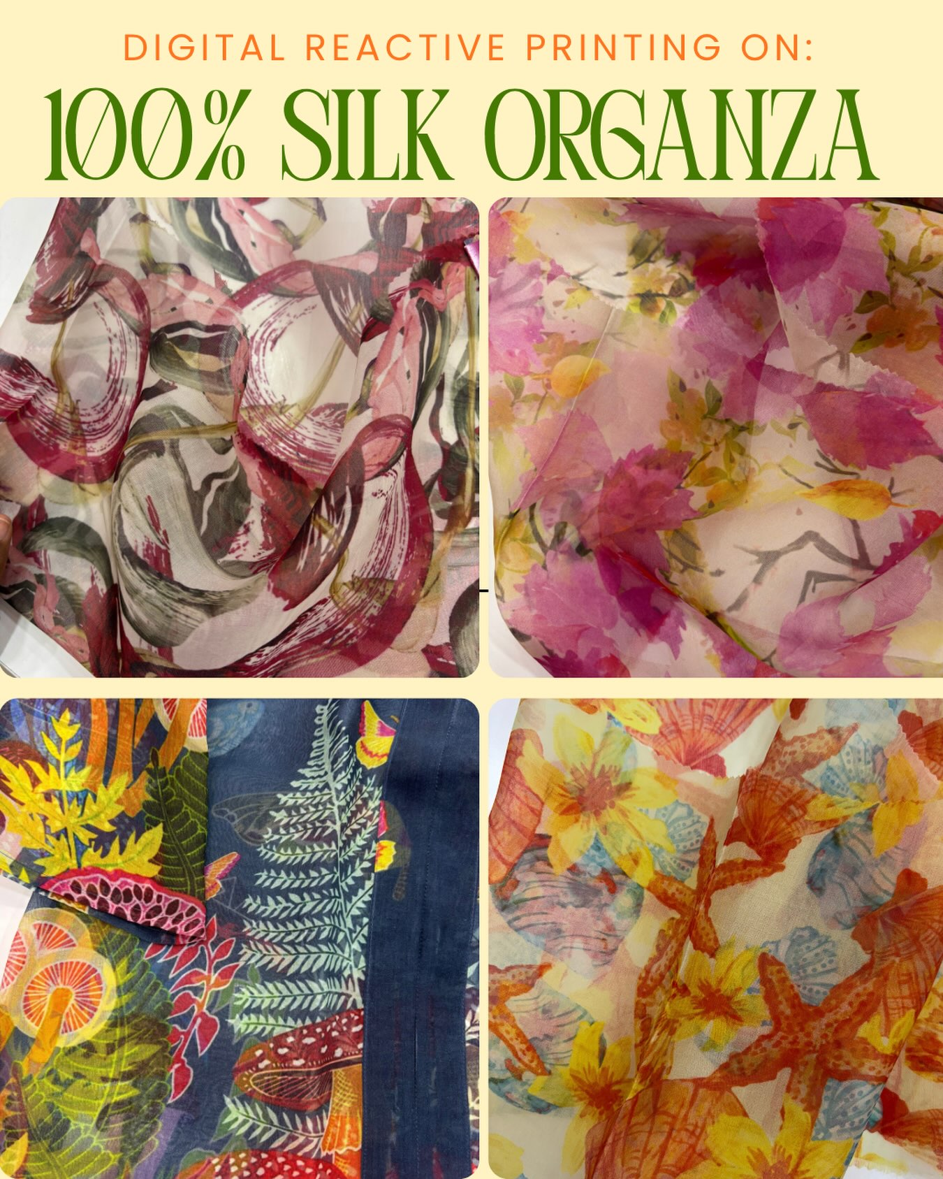 Organza is a very delicate and light weight fabric. At our facility, we have mastered the art of digital printing on 100% pure silk organza. The colours are bright and vibrant, and the fabric maintains its light weight nature after all processes.
Contact us via email or phone to discuss your order
📧info@soundaryadigitalfabricprints.com
📲 +91 8951960118