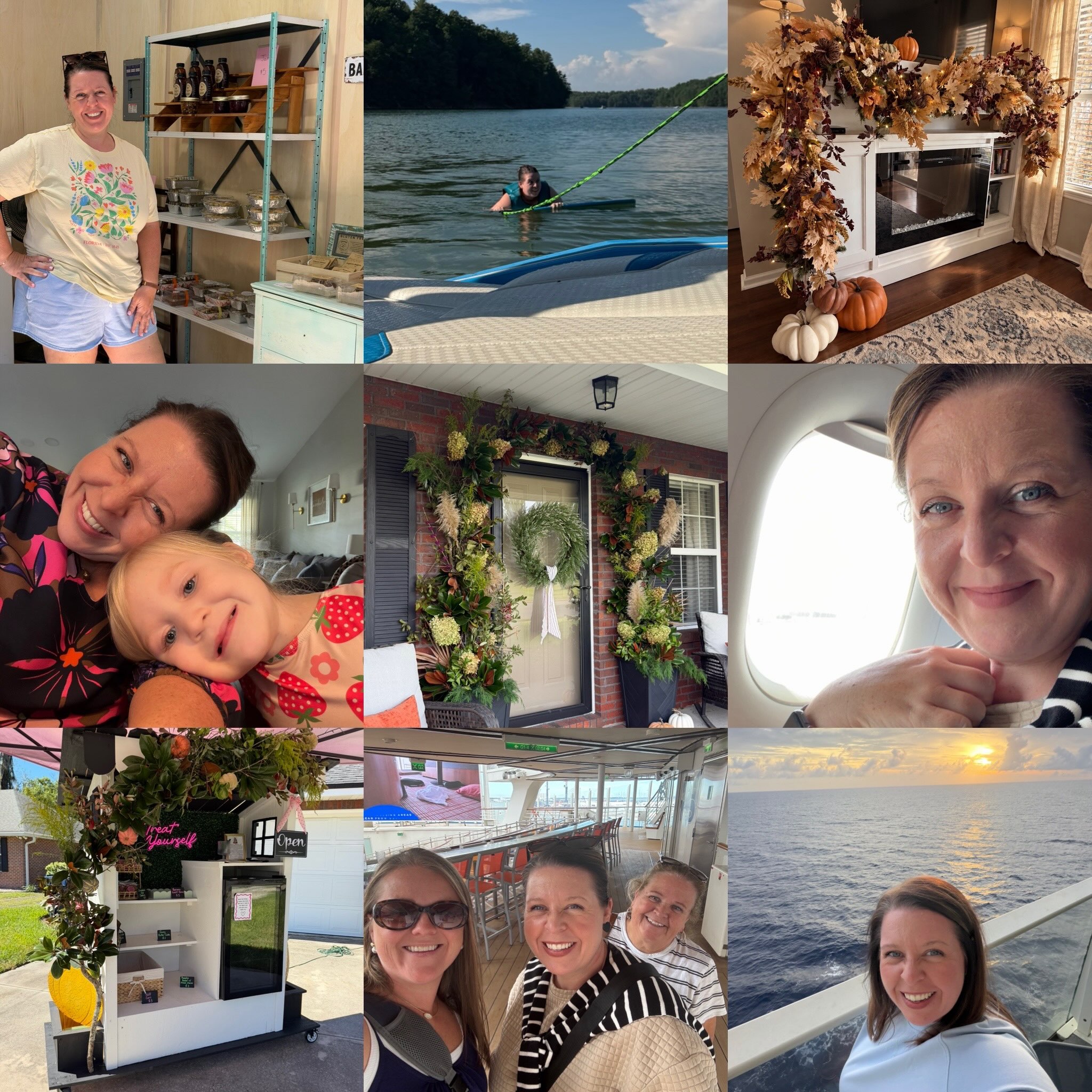 September Recap! In the chaos of my life last week, I totally forgot to post a September update. I visited the lodge with family and stopped by a few farm stands (so fun!), and then thought I broke a bone trying to wakeboard- that was NOT FUN.
I decorated for fall, tried something new with foraged limbs and branches, spent quality time with the babies, flew to TN for a college visit, had a successful bakery cart month, and ended it all with a very quick cruise with my mom and sister. That was the cherry on top!
There’s so many things going on that pausing to reflect and celebrate a life being lived well is something special. I think we all should take a little time to look back at where we’ve been, appreciate the stories written, and remember how good this life really is. ❤️ Kindall