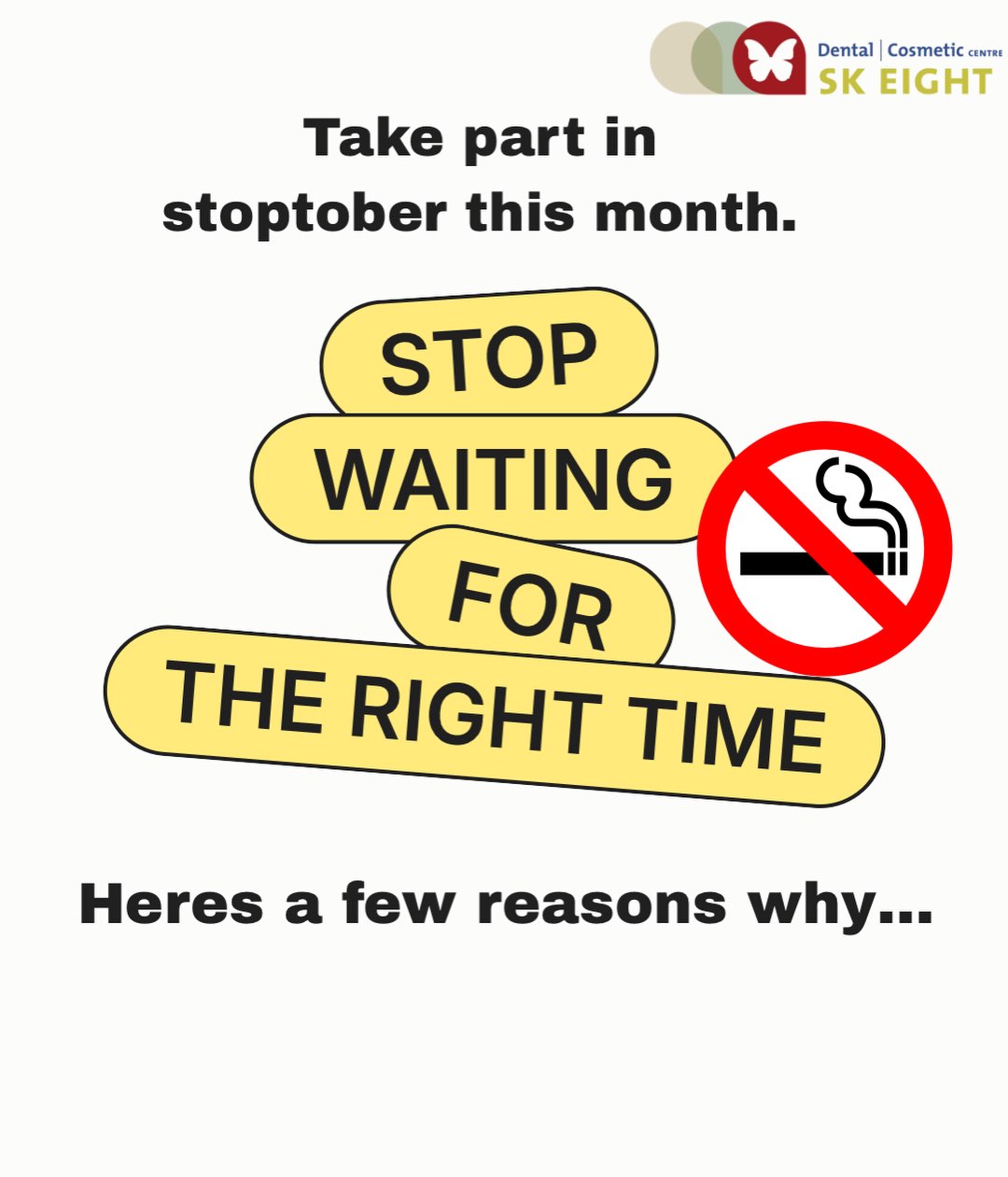 🚭 STOPTober is here! 🚭
Thinking about quitting smoking? October is the perfect time to take that first step. 💪✨
Smoking can have a big impact on your oral health, increasing your risk of gum disease, tooth staining, tooth loss and oral cancer.
The good news? It’s never too late to quit. ❤️
Quitting can help protect your smile, improve your oral health and reduce your risk of serious health problems.
🦷 Speak to your dentist or healthcare professional for support, and make this October the month you put your health first.
Quit smoking. Protect your smile. Protect your health. 🚭✨
#Stoptober #quitsmoking #OralHealth #OralCancerAwareness #healthysmile