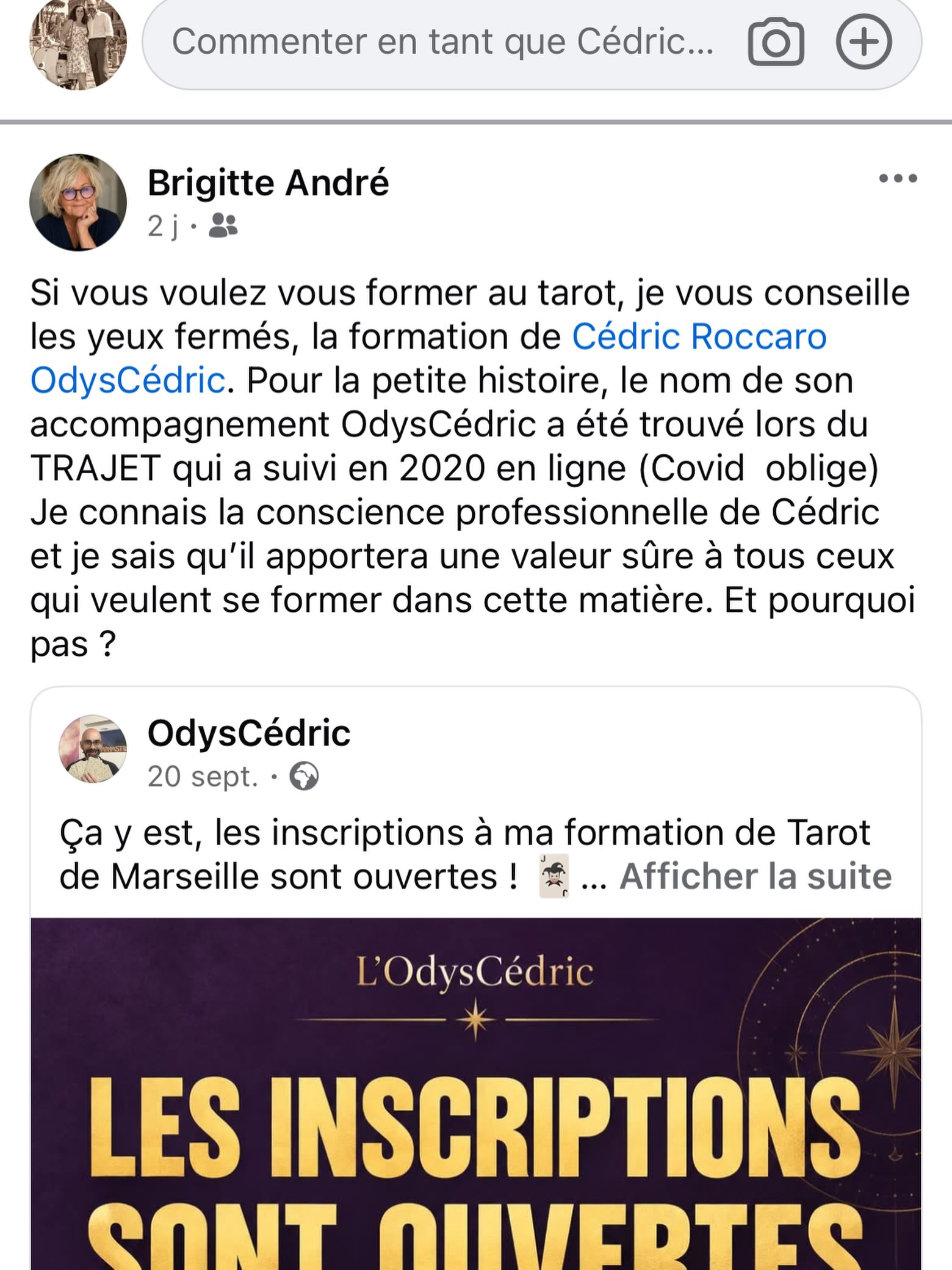 Merci à @brigitte_andre_sl mon mentor, pour cette recommandation que je partage avec vous aujourd’hui. 🙏
Au-delà de ce partage, je ne serais pas devenu qui je suis sans son mentorat et sans la formation « Le Trajet ».
C’est là, grâce aux échanges avec mes collègues de formation, que le nom « L’OdysCédric » est né. Le tarot reste encore mal connu, et quand j’ai expliqué que je voyais mon parcours comme une odyssée, ce fut une évidence : OdysCédric.
Si vous avez envie de naviguer avec moi dans cette odyssée, retrouvez-moi sur mes réseaux. Un nouveau projet se prépare pour ma chaîne YouTube : je vous en dis plus très bientôt. Embarquez avec moi ! ⛵✨